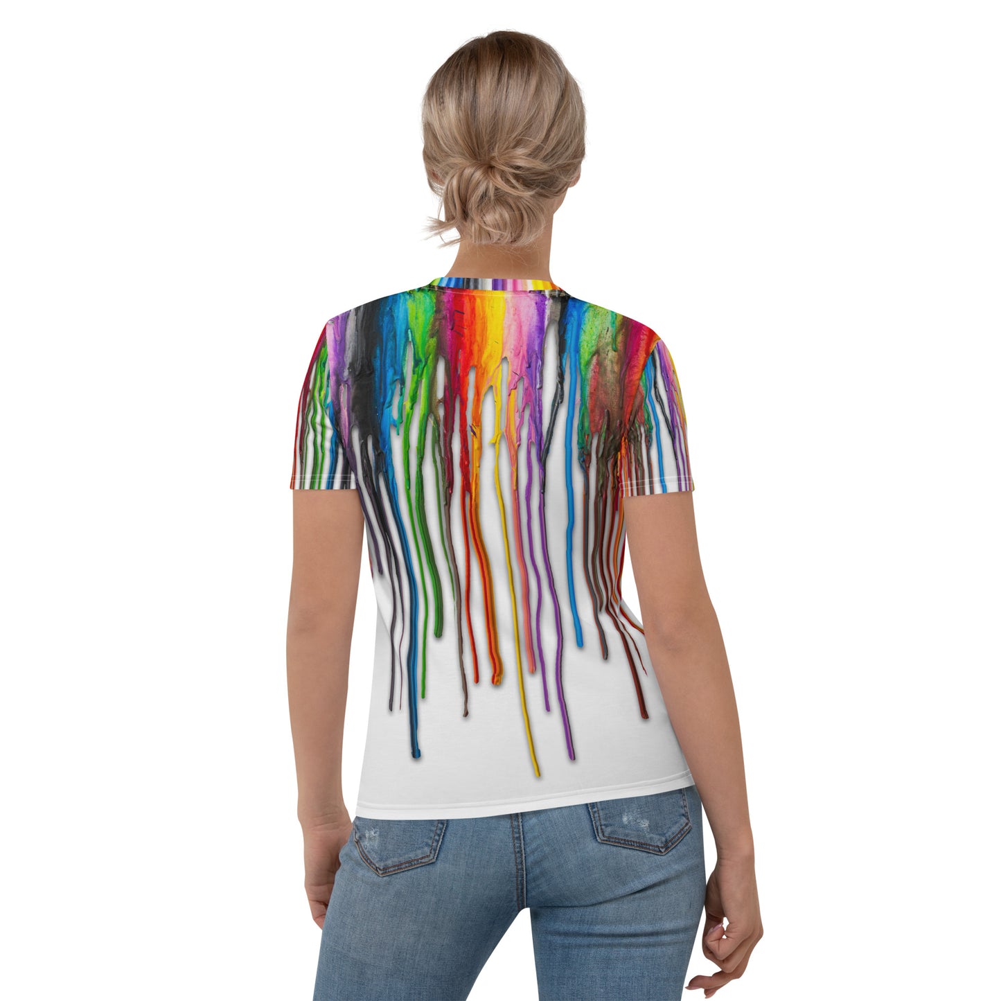 Young woman wearing an All over print Melted Crayons Dripping down the shirt T-shirt, rear view.