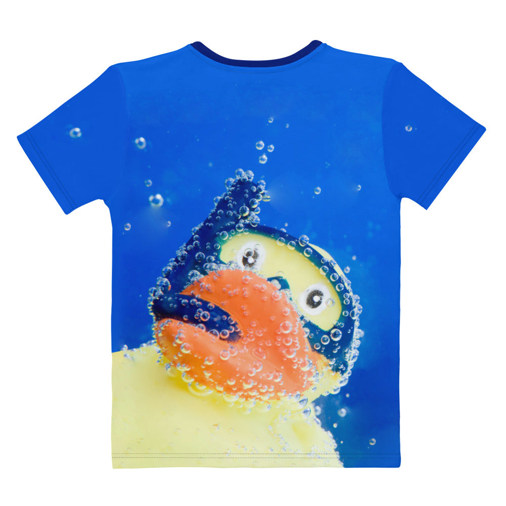 All over print Rubber Duck Snorkelling Underwater T-shirt, laid flat, back.