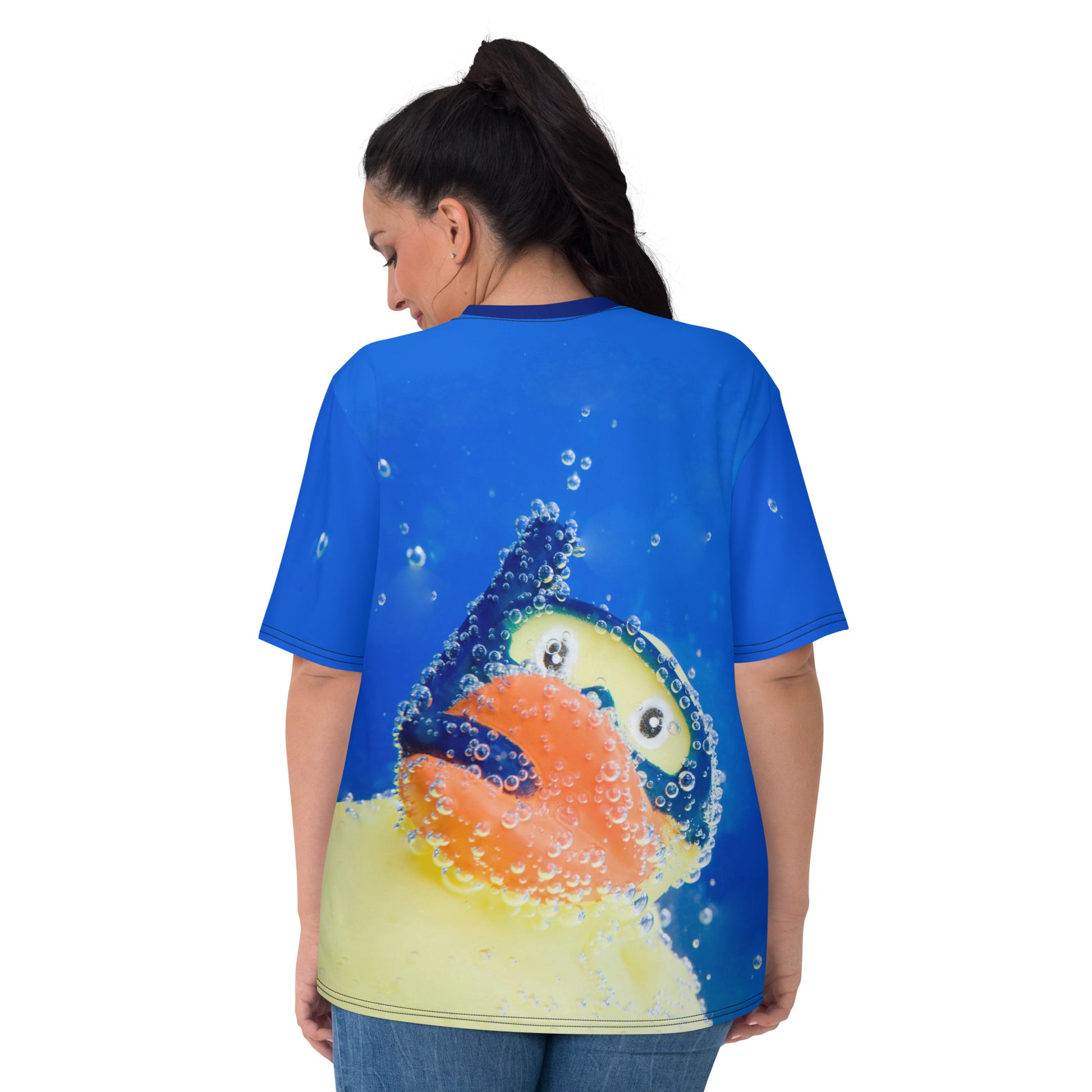 Plus size Young woman wearing an all over print Rubber Duck Snorkelling Underwater T-shirt, rear view.