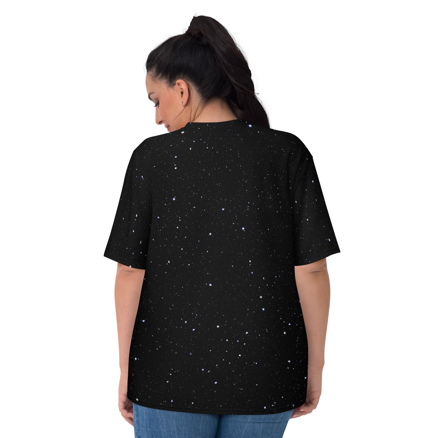 Plus size Young woman wearing a Save the Planet All Over Print T-shirt with a sperm trying to penetrate Planet Earth, rear view.