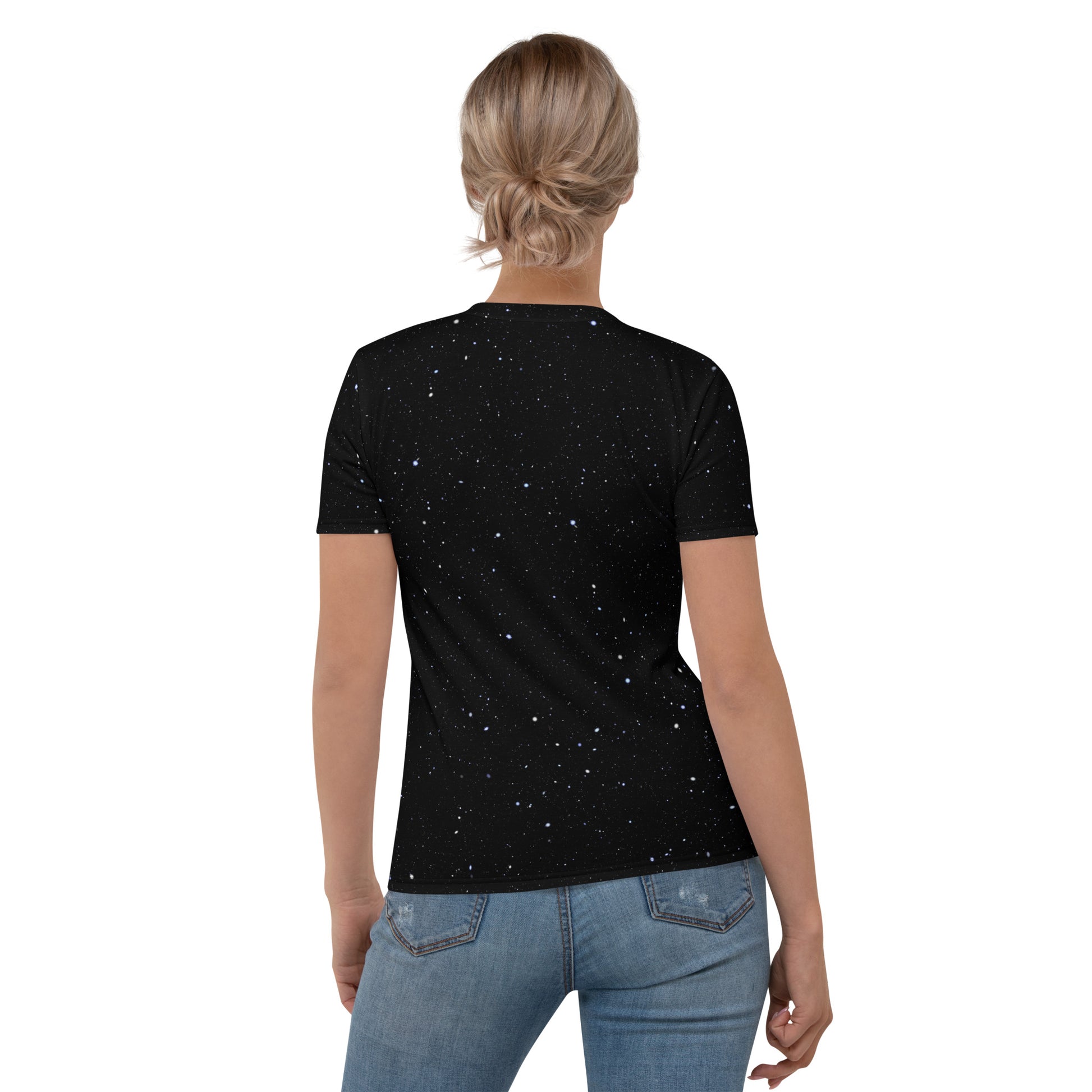 Young woman wearing a Save the Planet All Over Print T-shirt with a sperm trying to penetrate Planet Earth, rear view.