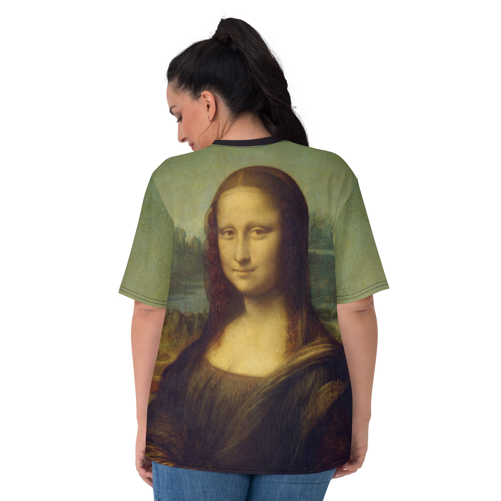 Plus size Young woman wearing an all over print Mona Lisa T-shirt, rear view.