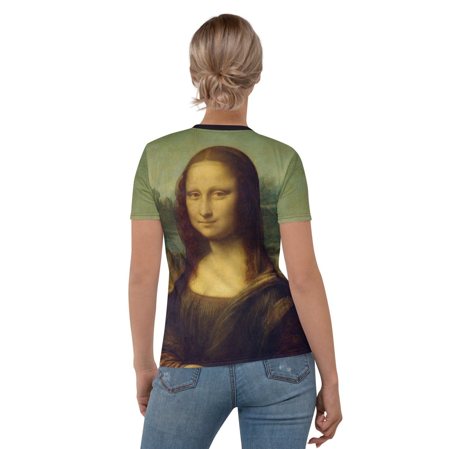 Young woman wearing an all over print Mona Lisa T-shirt, rear view.