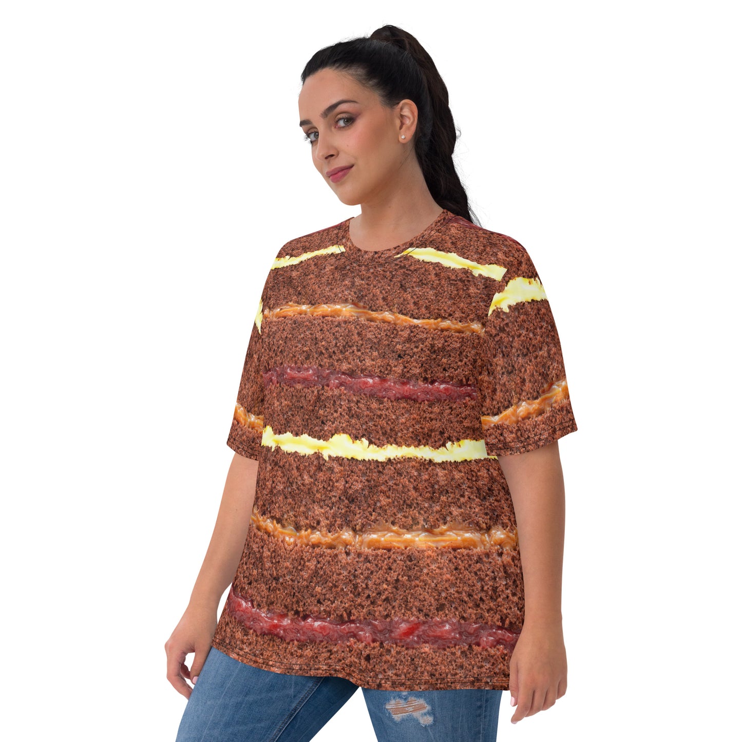 plus size model wearing Chocolate Gateau Cake Layers all over print women's T-shirt front