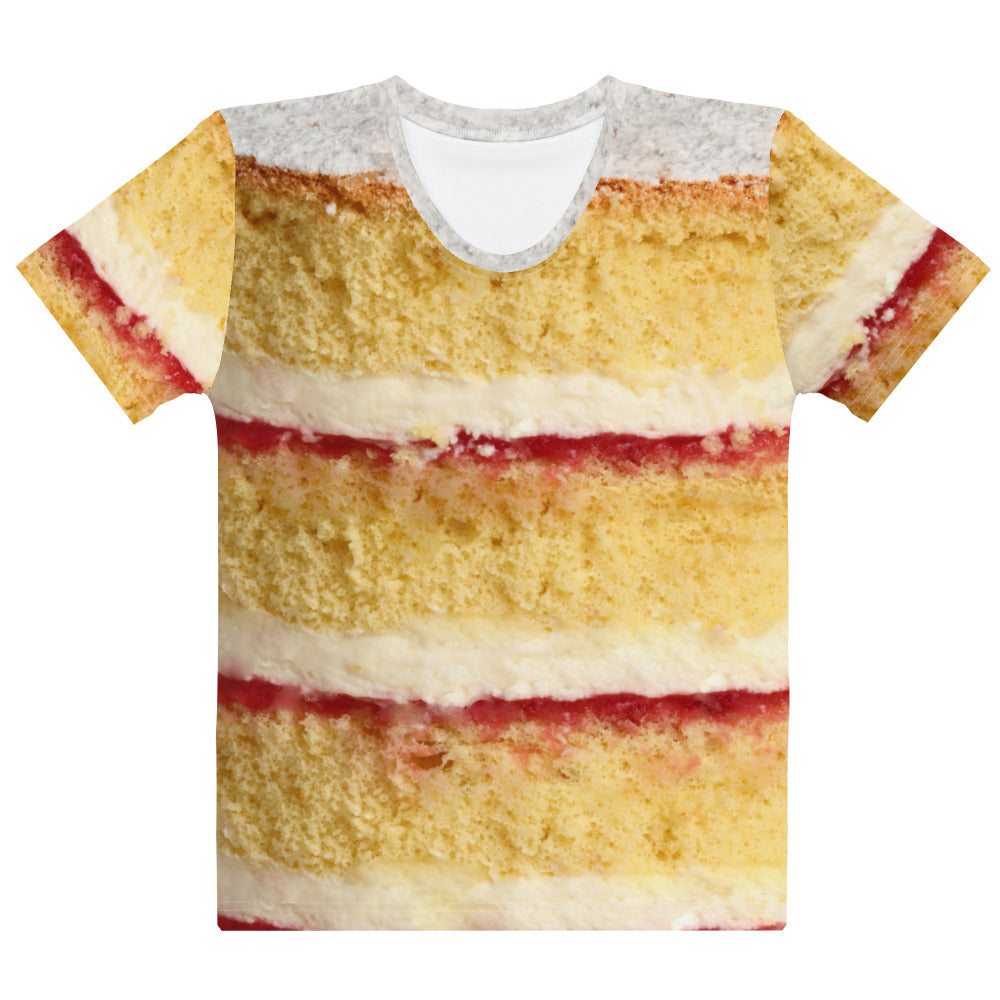 Victoria sponge cake layers women's all over print T-shirt laid flat front