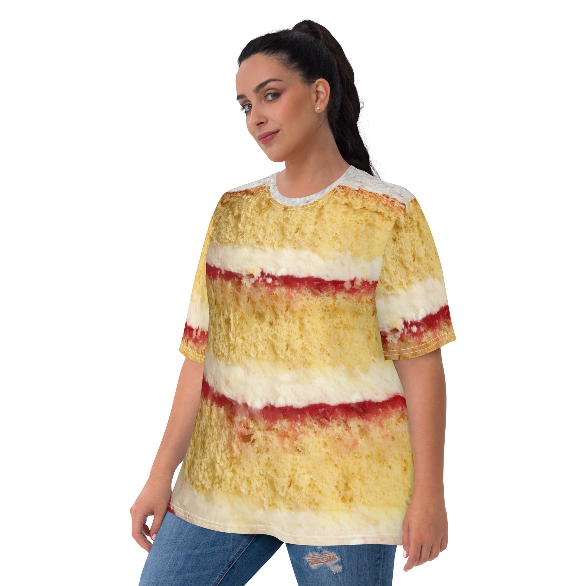 plus size female model wearing Victoria sponge cake layers women's all over print T-shirt front