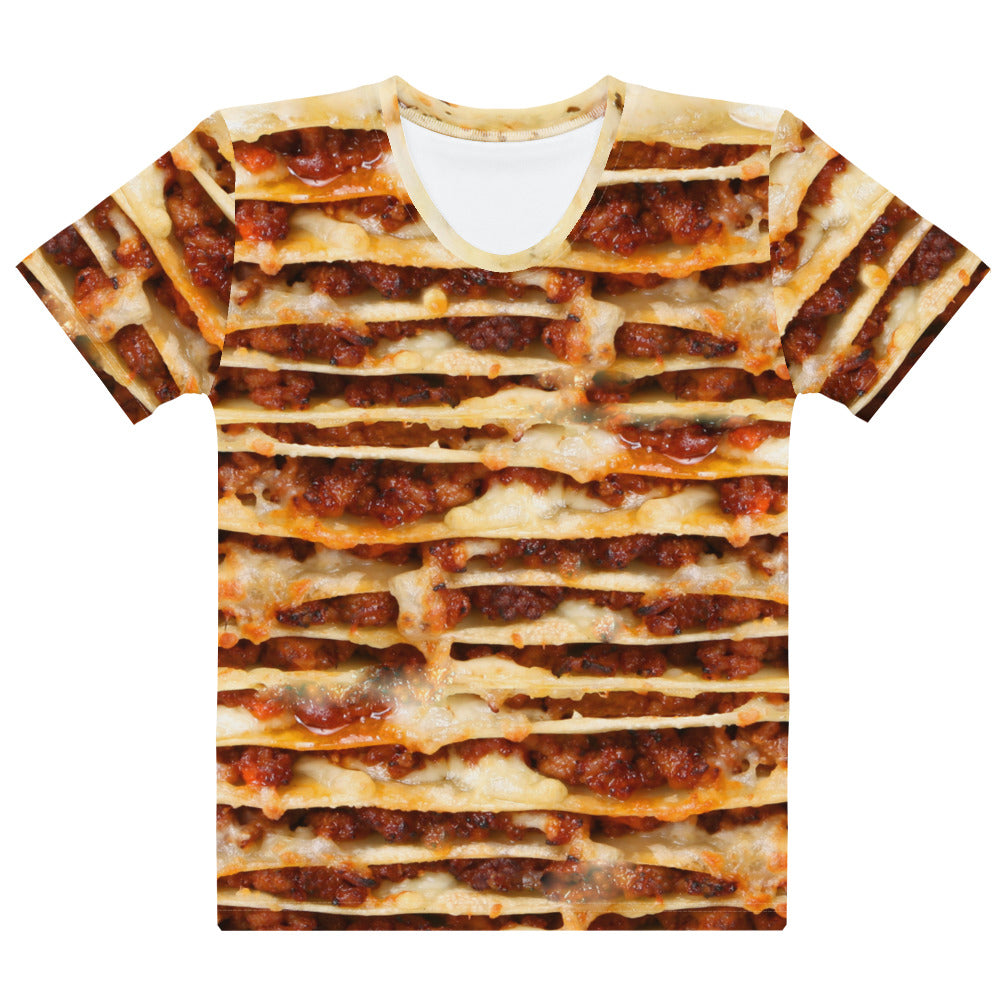 Lasagne layers 3D all over print women's T-shirt laid flat front