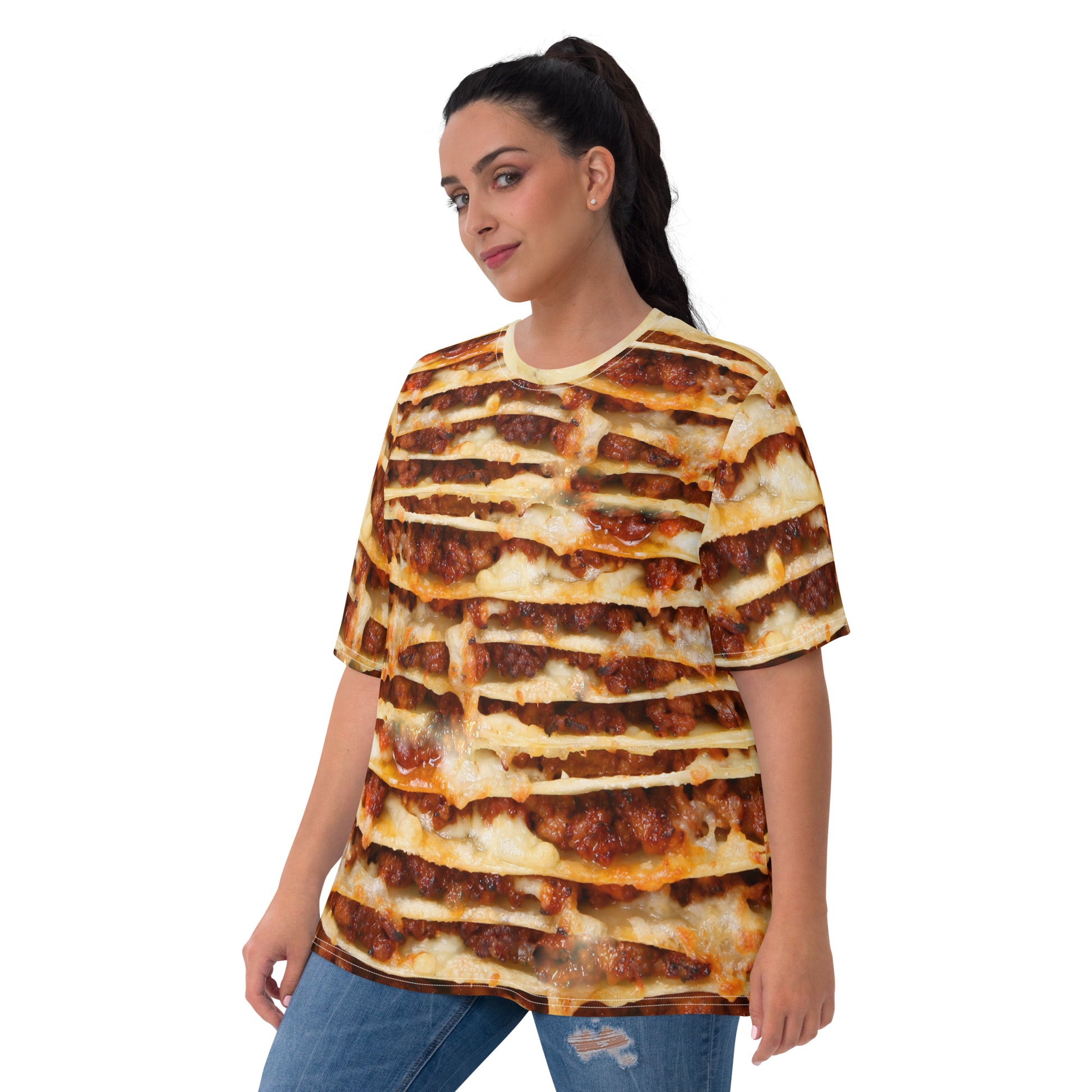 plus size female model Lasagne layers 3D all over print women's T-shirt front