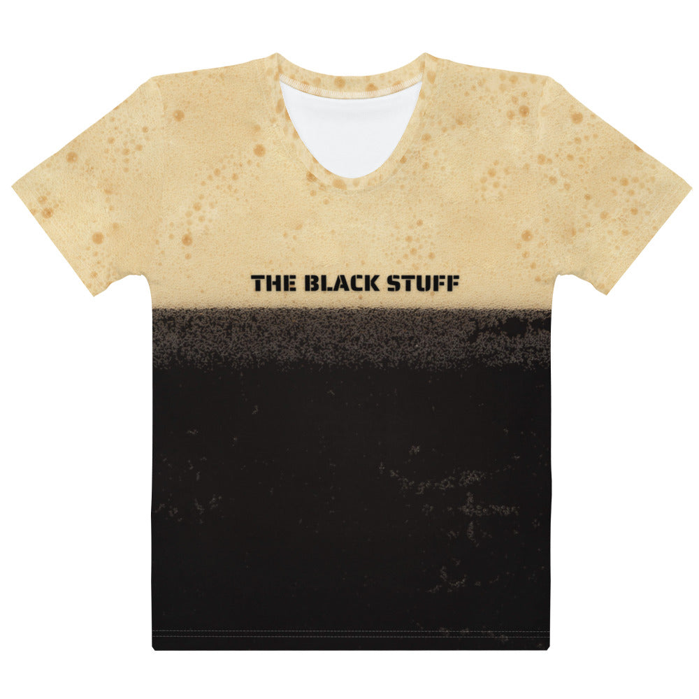 The black stuff Irish stout bubbles all over print women's T-shirt laid flat front