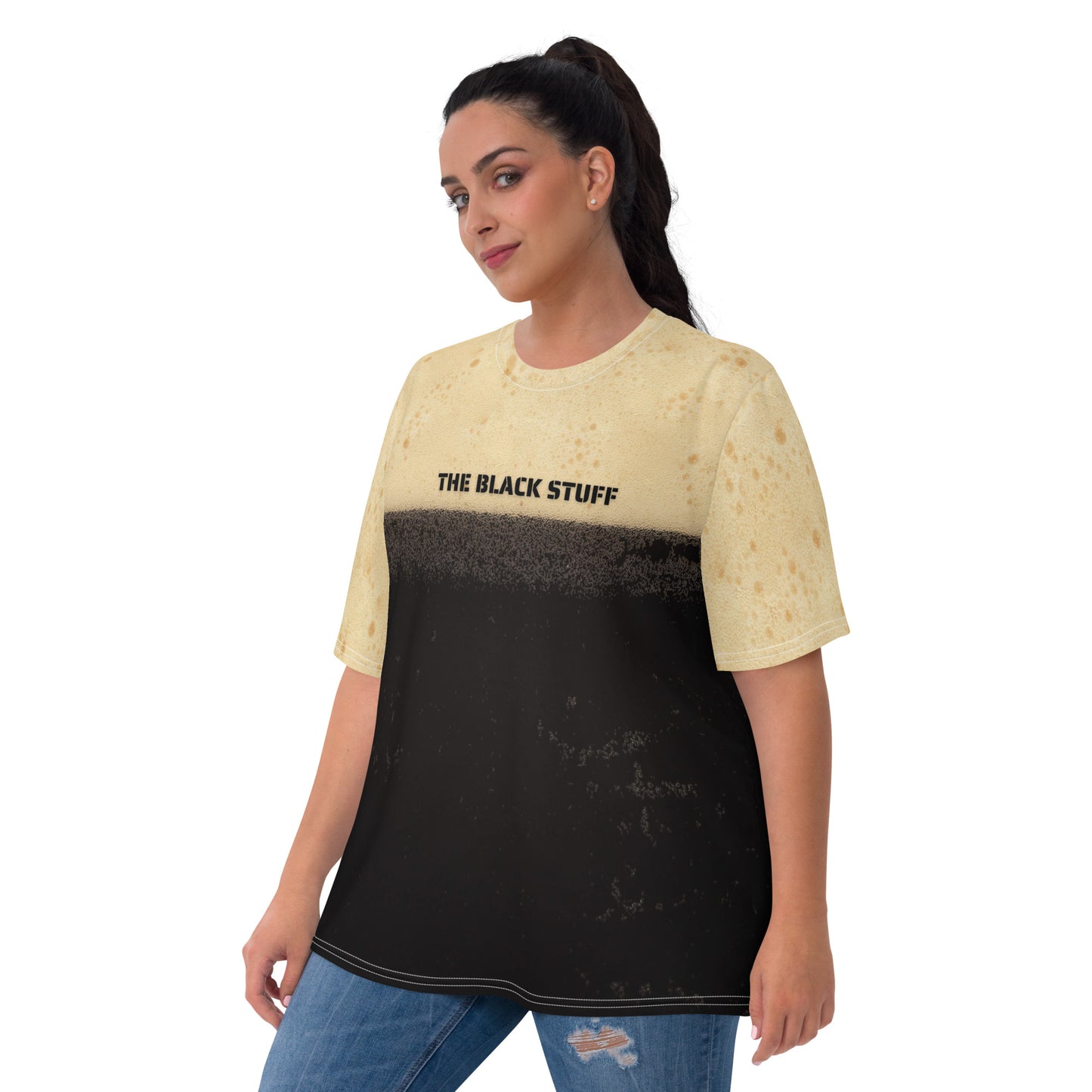 plus size female model wearing The black stuff Irish stout bubbles all over print women's T-shirt front