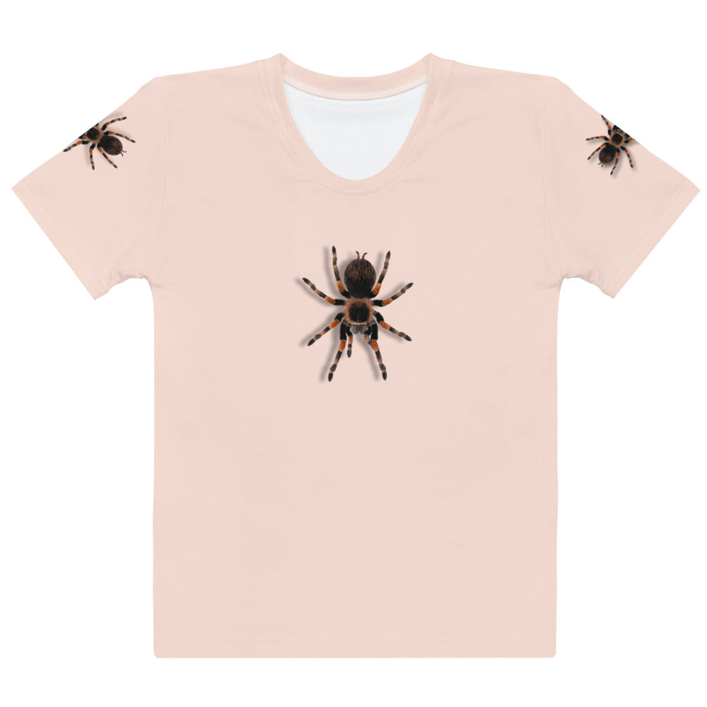 Pale pink t-shirt with realistic looking 3D Tarantula spiders on both arms, back and front, laid flat front view