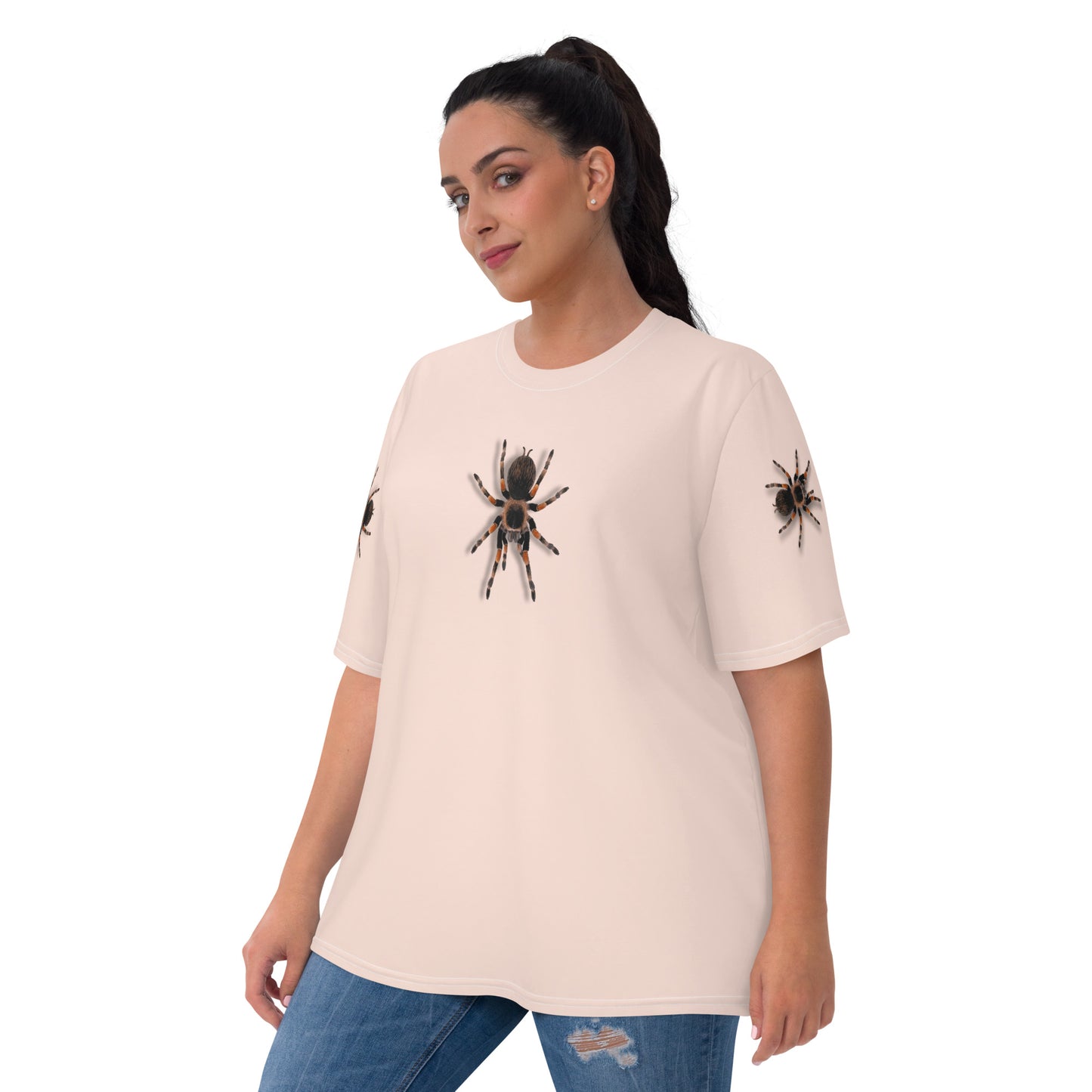 plus size female model wearing a pale pink t-shirt with realistic looking 3D Tarantula spiders on both arms, back and front, front view