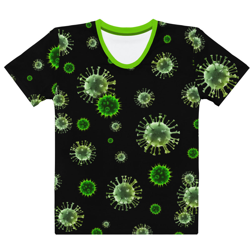 women's all over print virus microbes novelty t-shirt laid flat front view