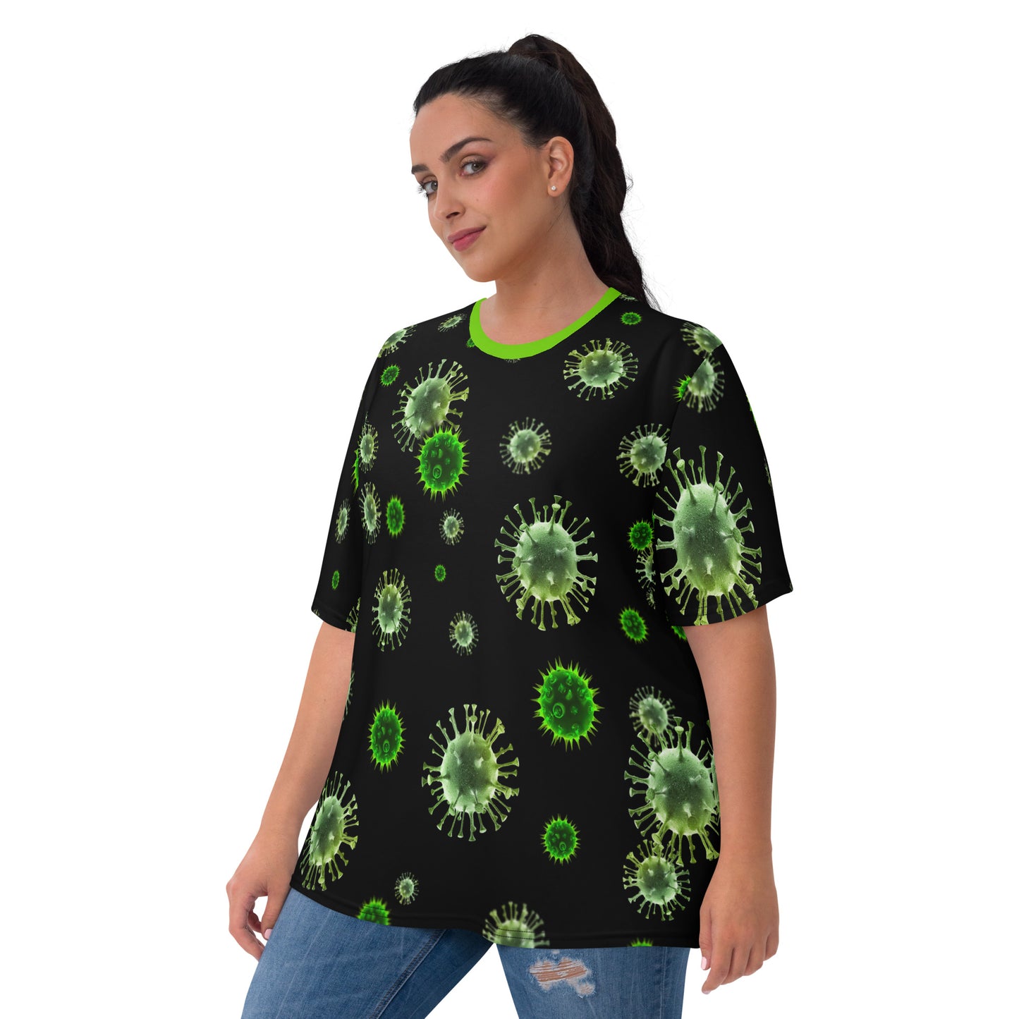 plus size model wearing women's all over print virus microbes novelty t-shirt front view