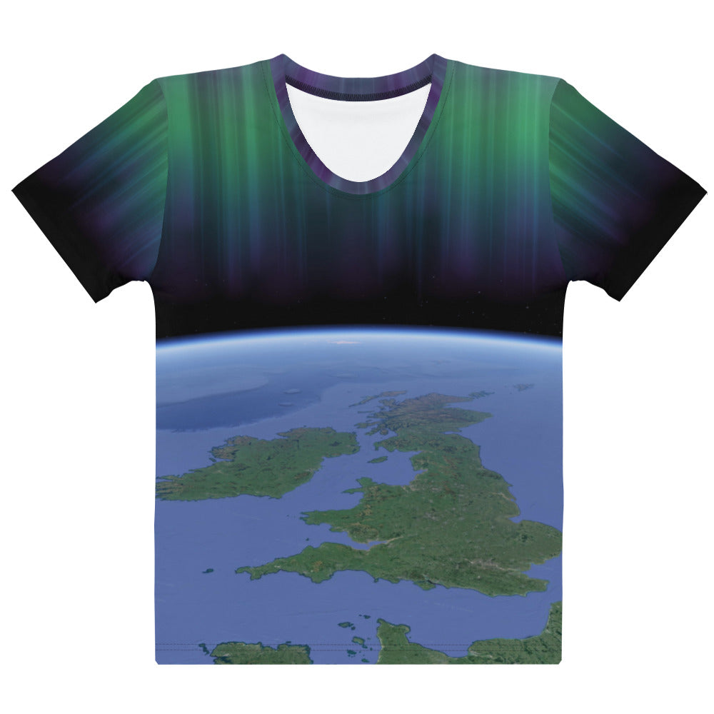 British Isles with Aurora Borealis above, all over print T-shirt, laid flat, front view