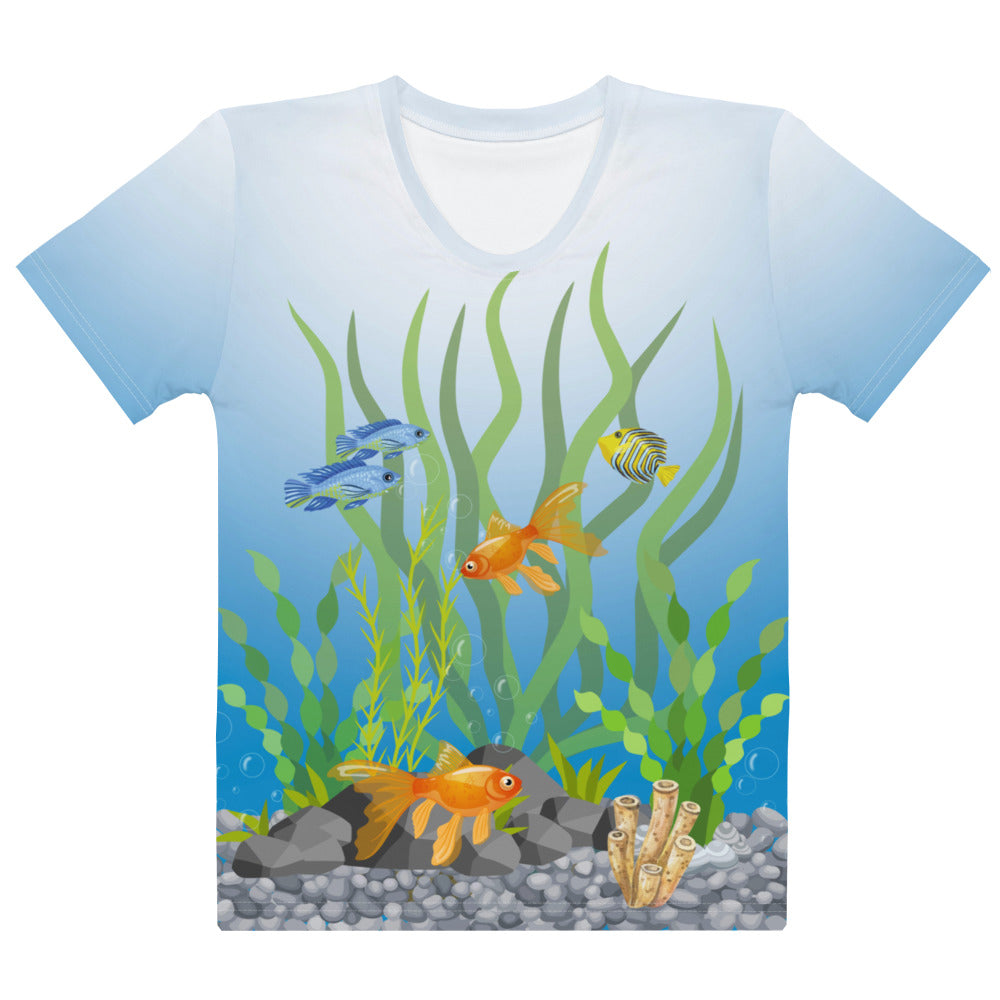 Tropical fish aquarium scene all over print T-shirt, laid flat, front view.