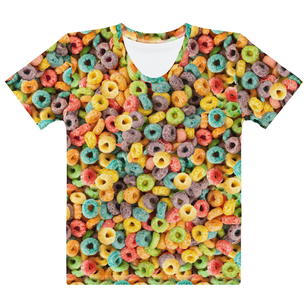 All over print fruity loops cereal T-shirt, laid flat, front view