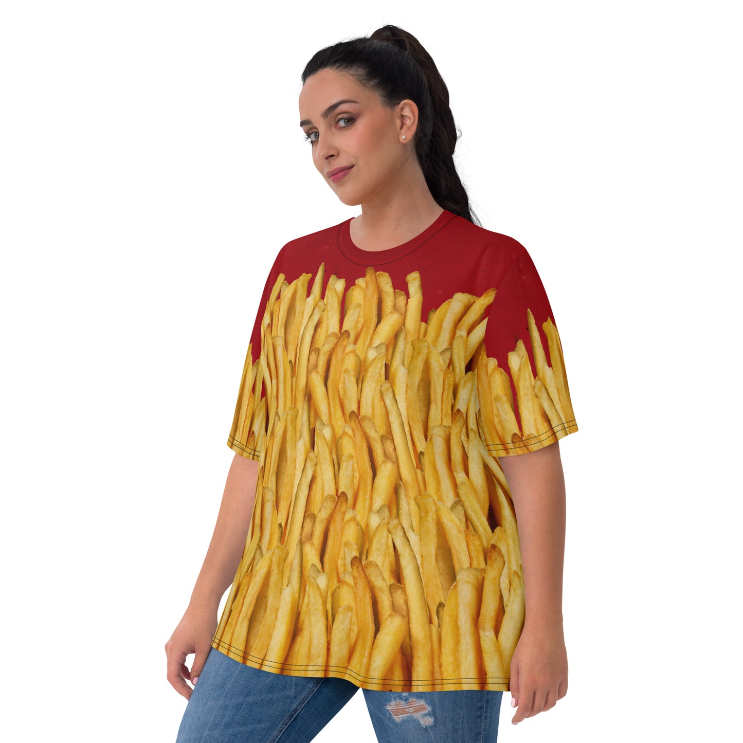 Plus size Woman wearing a French fries and ketchup all over print T-shirt, front view.