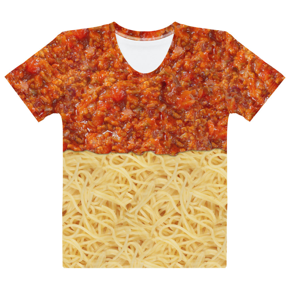 Spaghetti bolognese all over print T-shirt, laid flat, front.