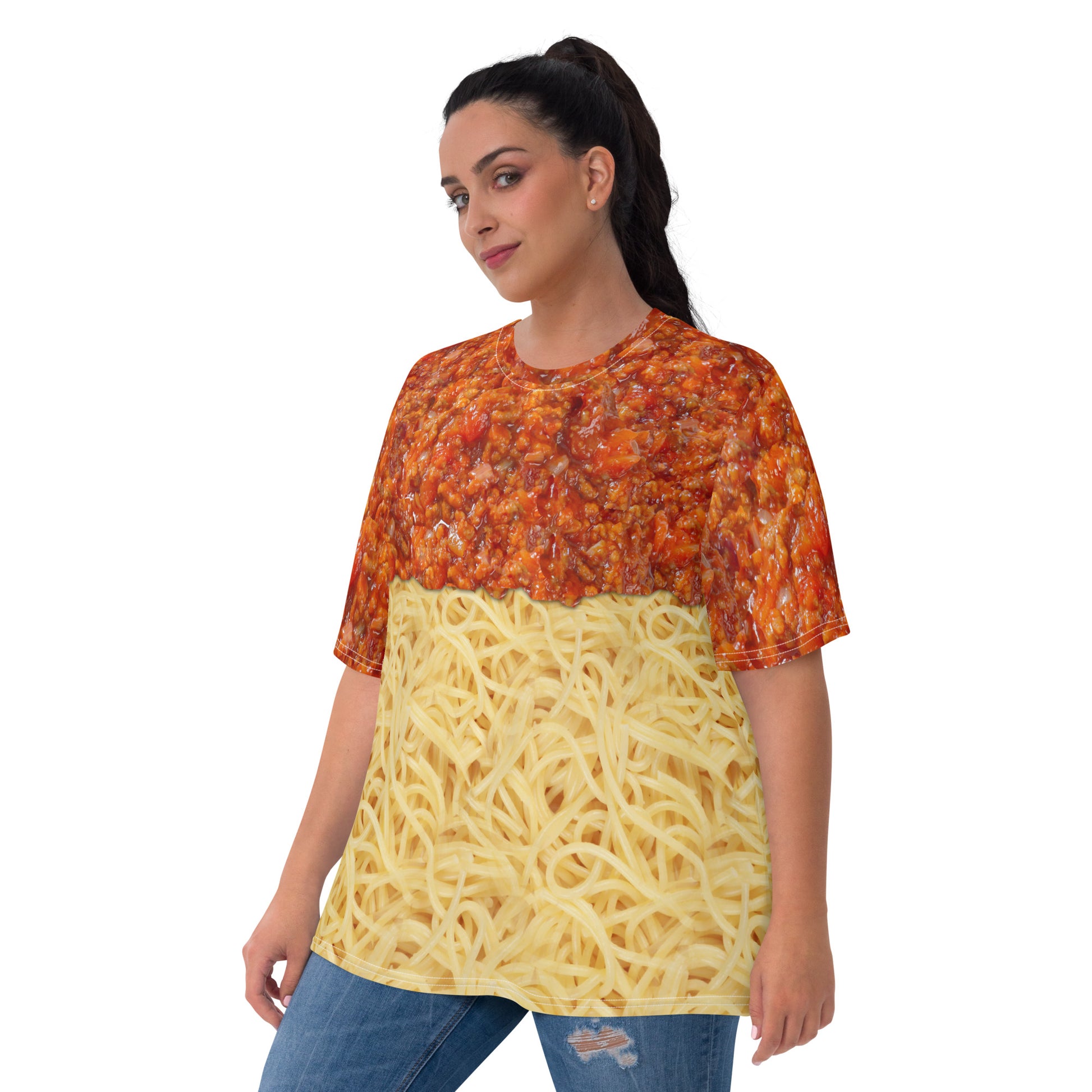 Plus size Young woman wearing a spaghetti bolognese all over print T-shirt, front view.