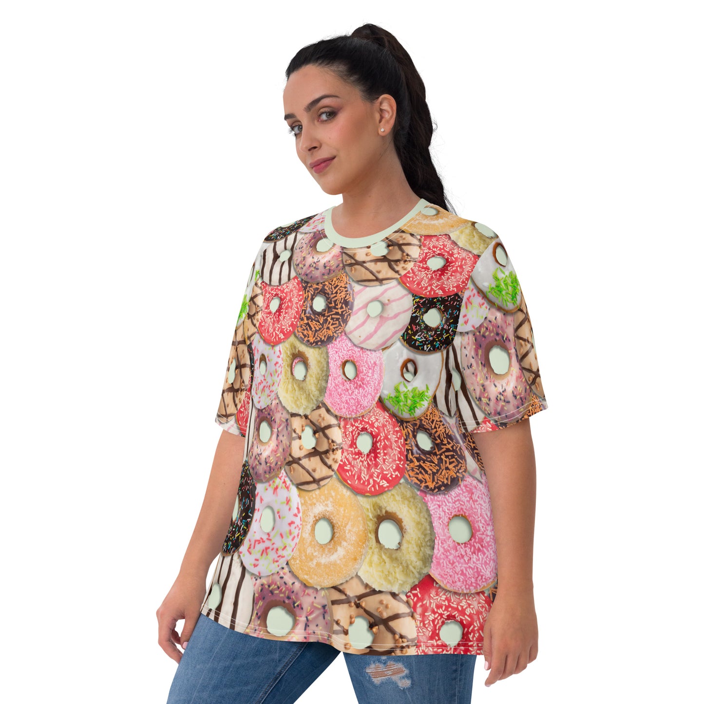 Plus size Young woman wearing an iced doughnuts all over print T-shirt, front.