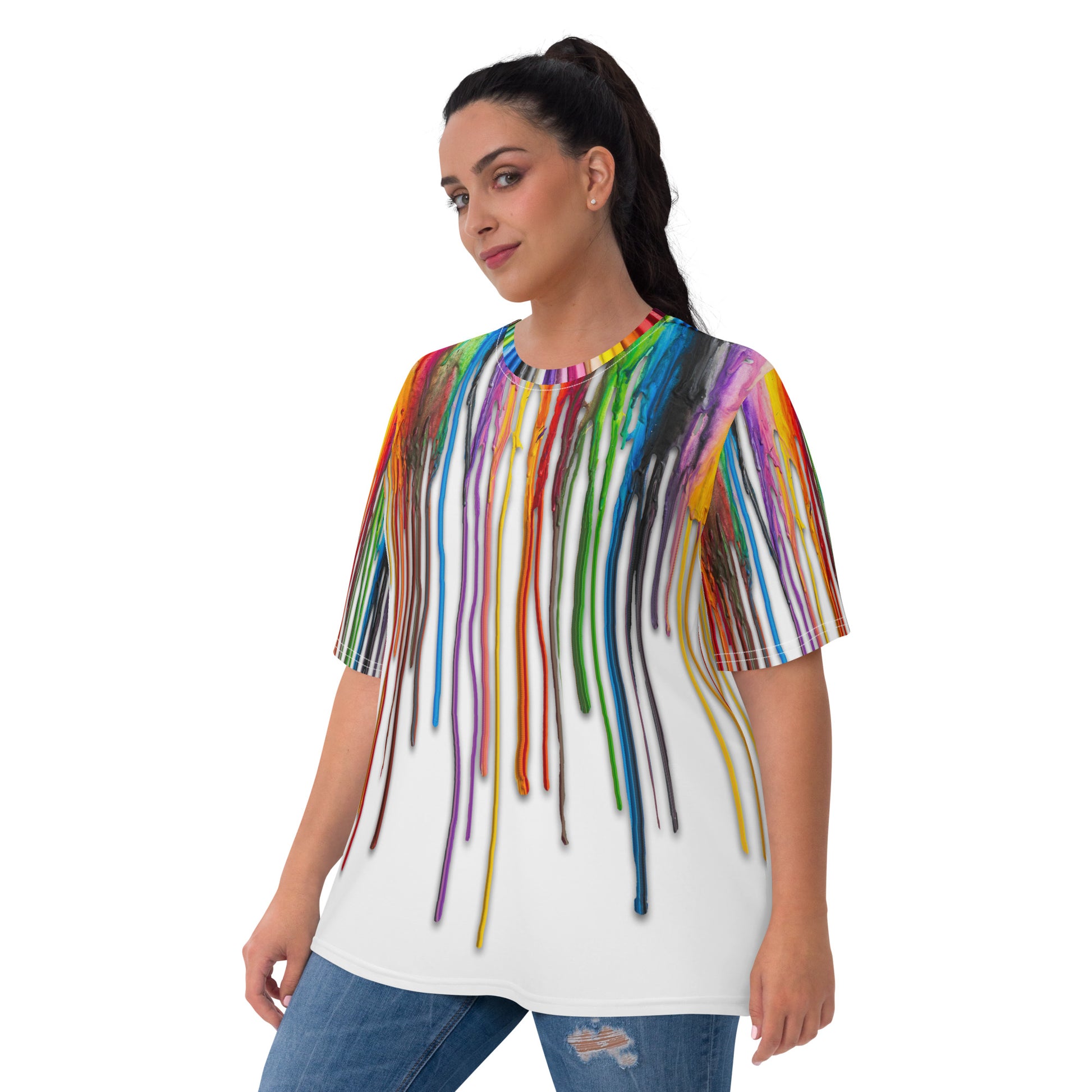 Plus size Young woman wearing an All over print Melted Crayons Dripping down the shirt T-shirt, front.