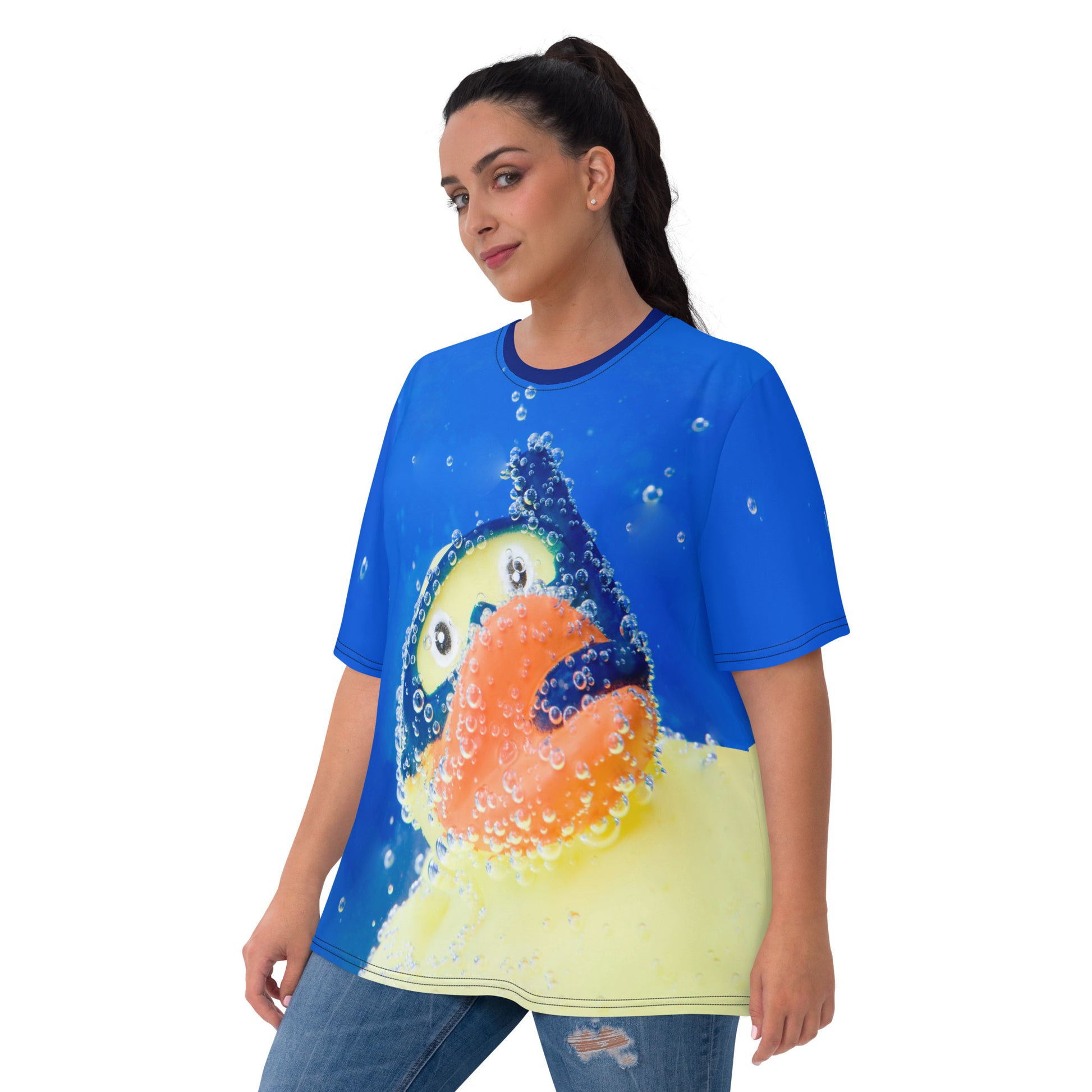 Plus size Young woman wearing an all over print Rubber Duck Snorkelling Underwater T-shirt, front view.