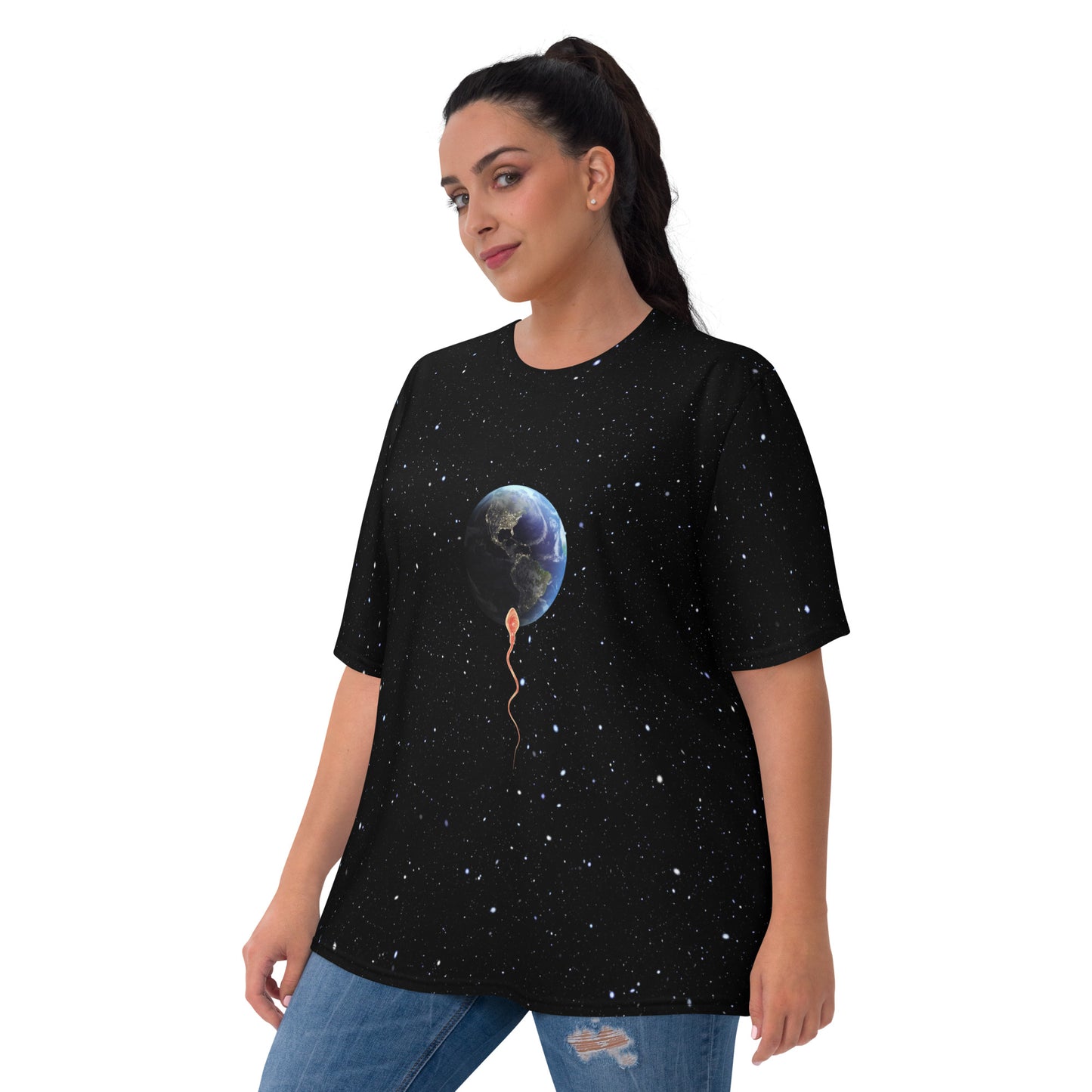 Plus size Young woman wearing a Save the Planet All Over Print T-shirt with a sperm trying to penetrate Planet Earth, front.