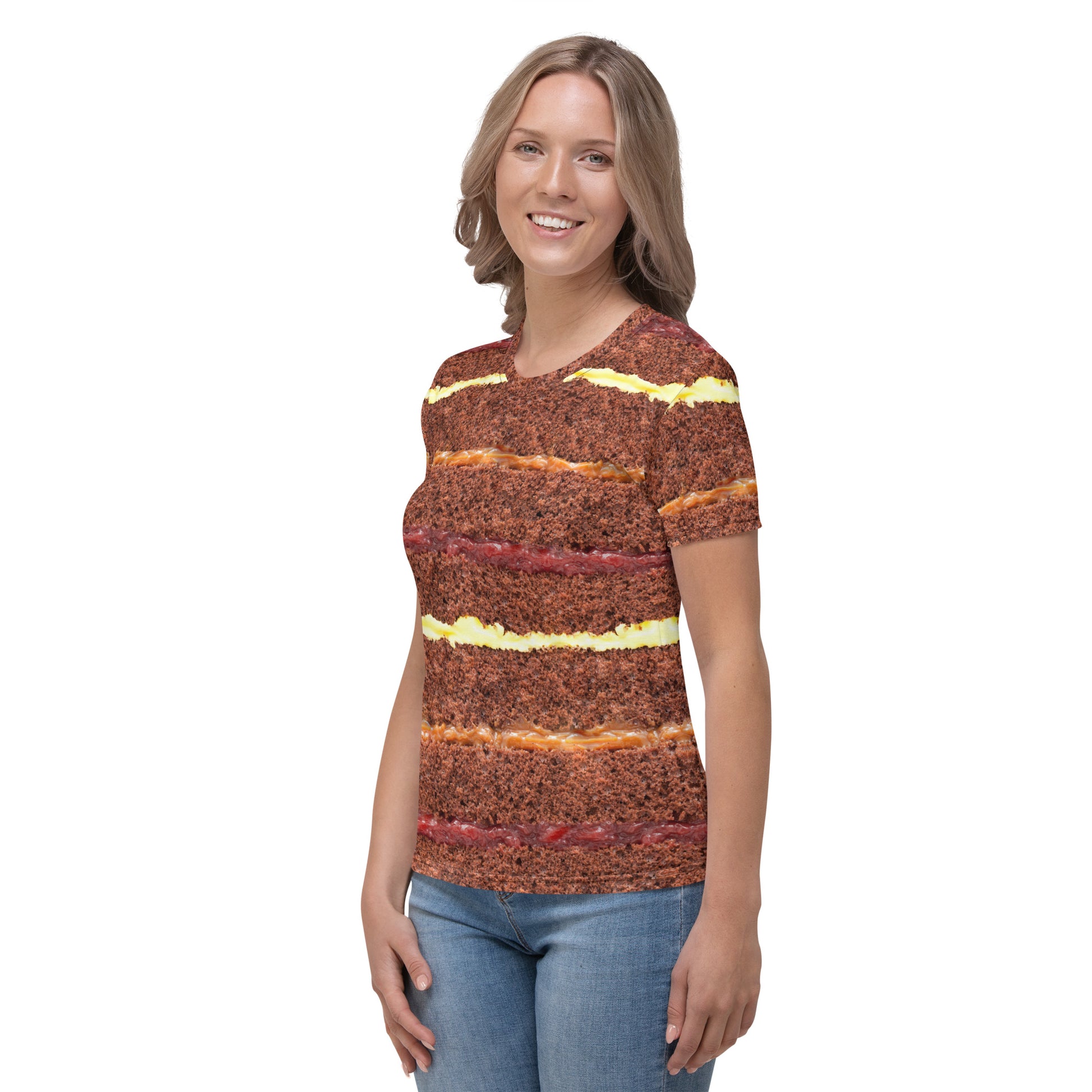 female model wearing Chocolate Gateau Cake Layers all over print women's T-shirt left view