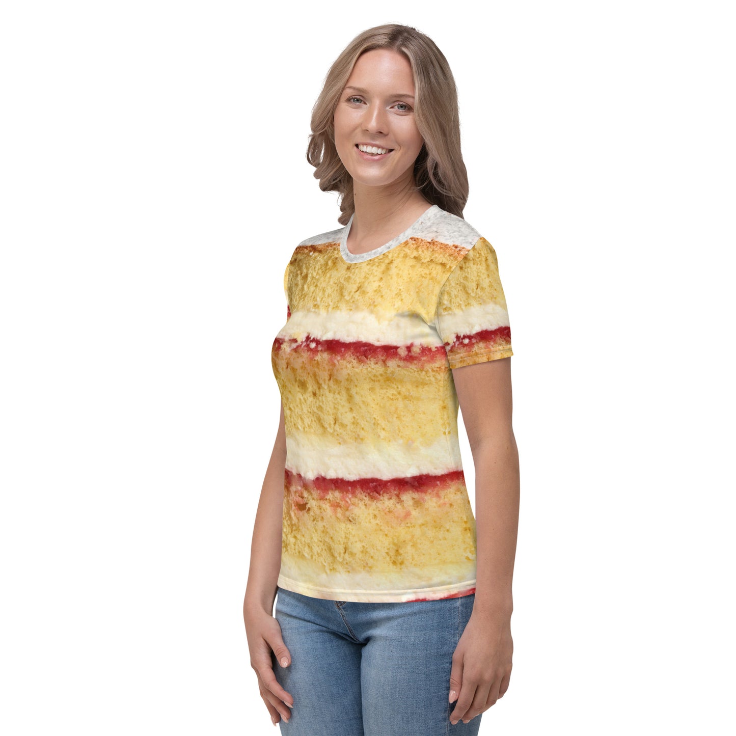 Victoria sponge cake layers women's all over print T-shirt female model front left