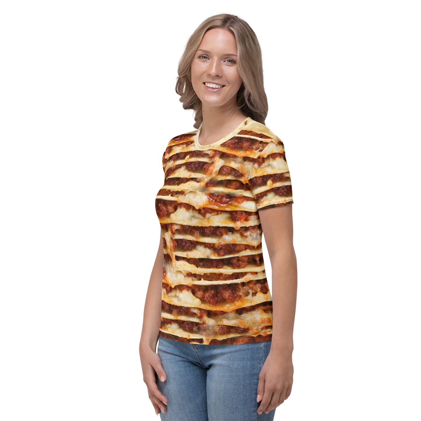 Lasagne layers 3D all over print women's T-shirt female model front left