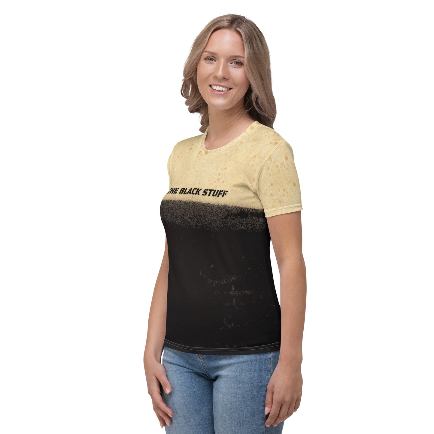 female model wearing The black stuff Irish stout bubbles all over print women's T-shirt front left