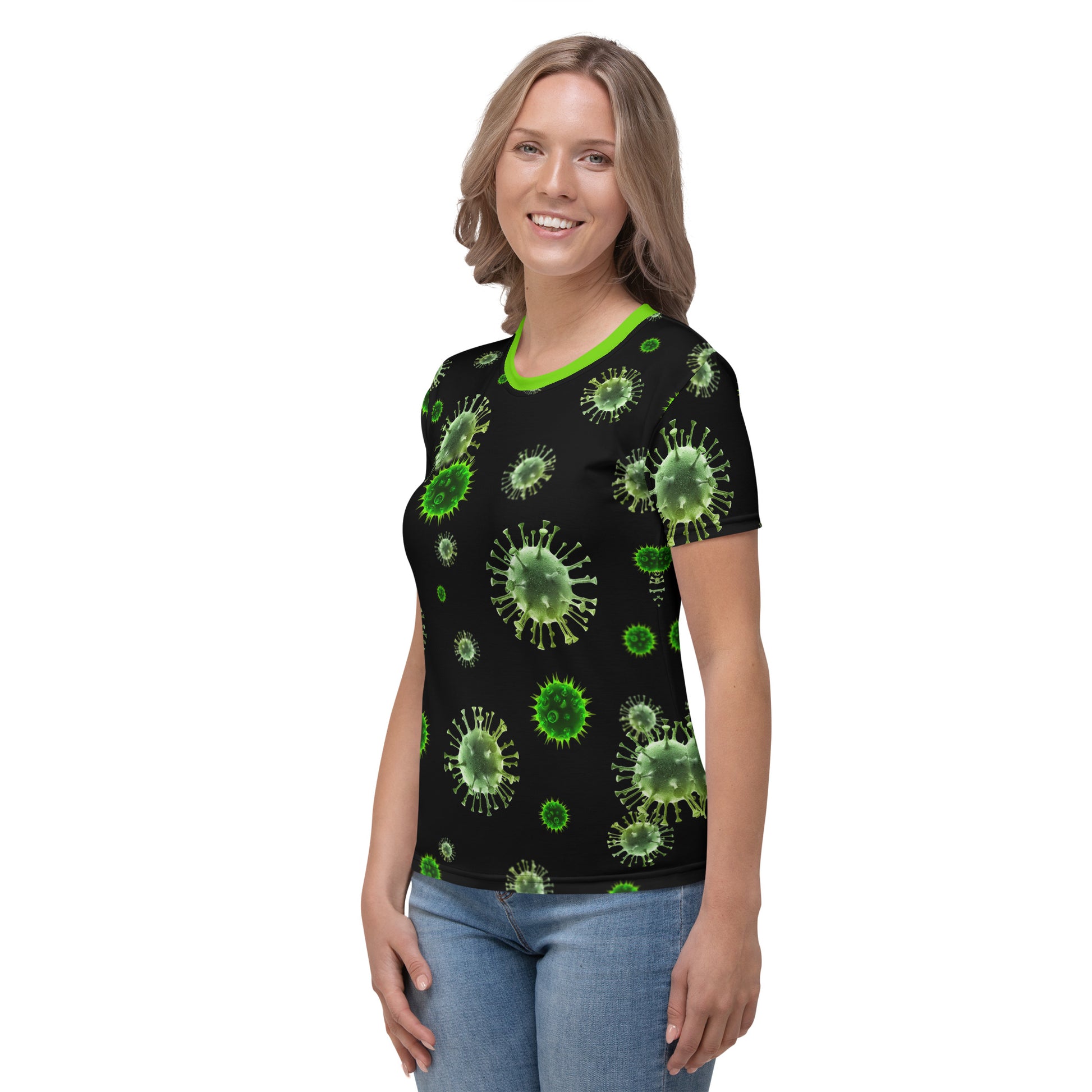 female model wearing women's all over print virus microbes novelty t-shirt left front view