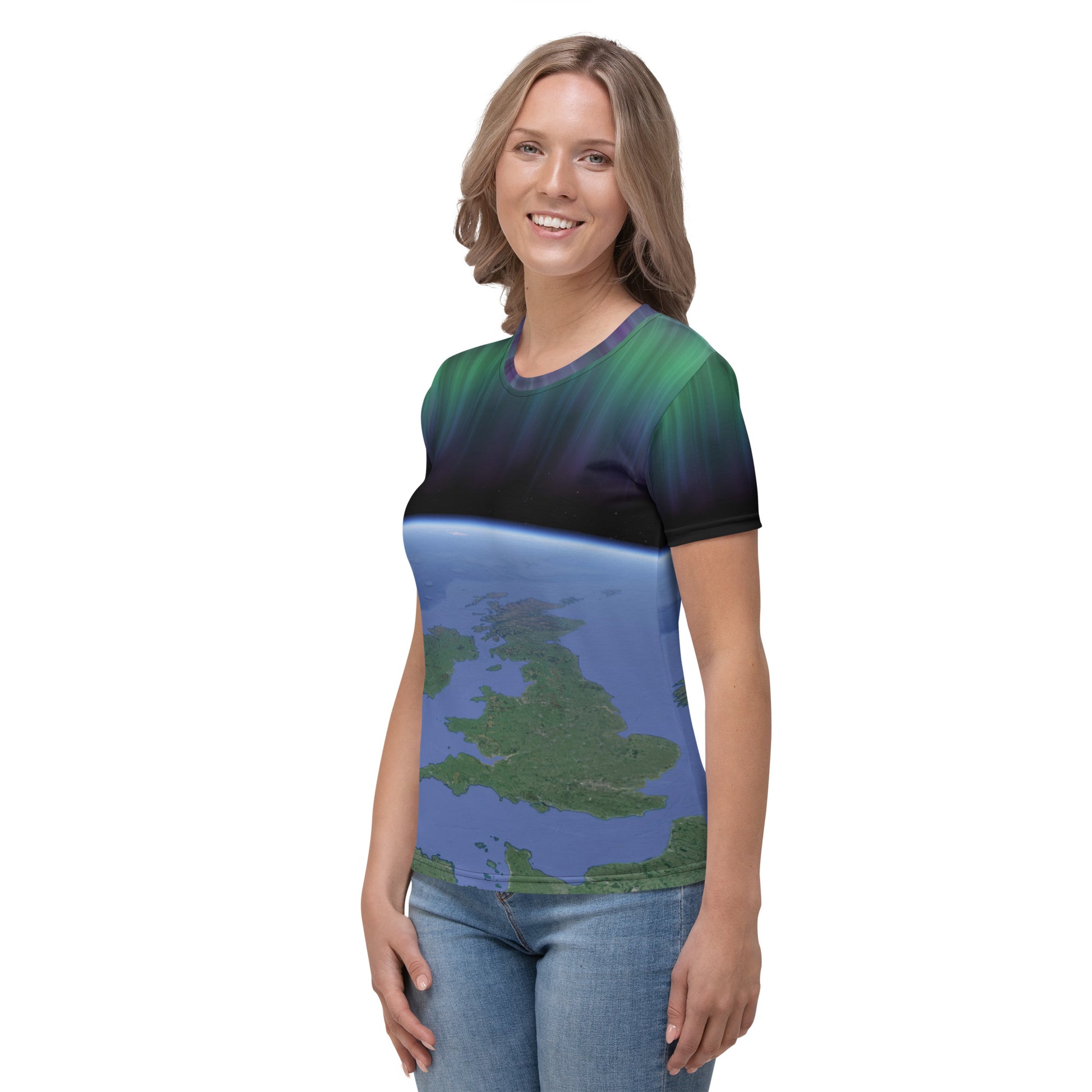 woman wearing a t-shirt showing the British Isles from space with the aurora borealis above, front left view