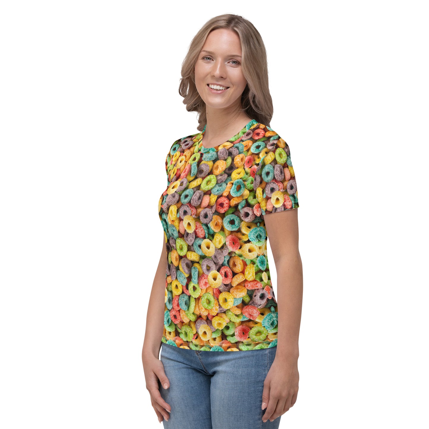 Woman wearing an all over print fruity loops cereal T-shirt front left view