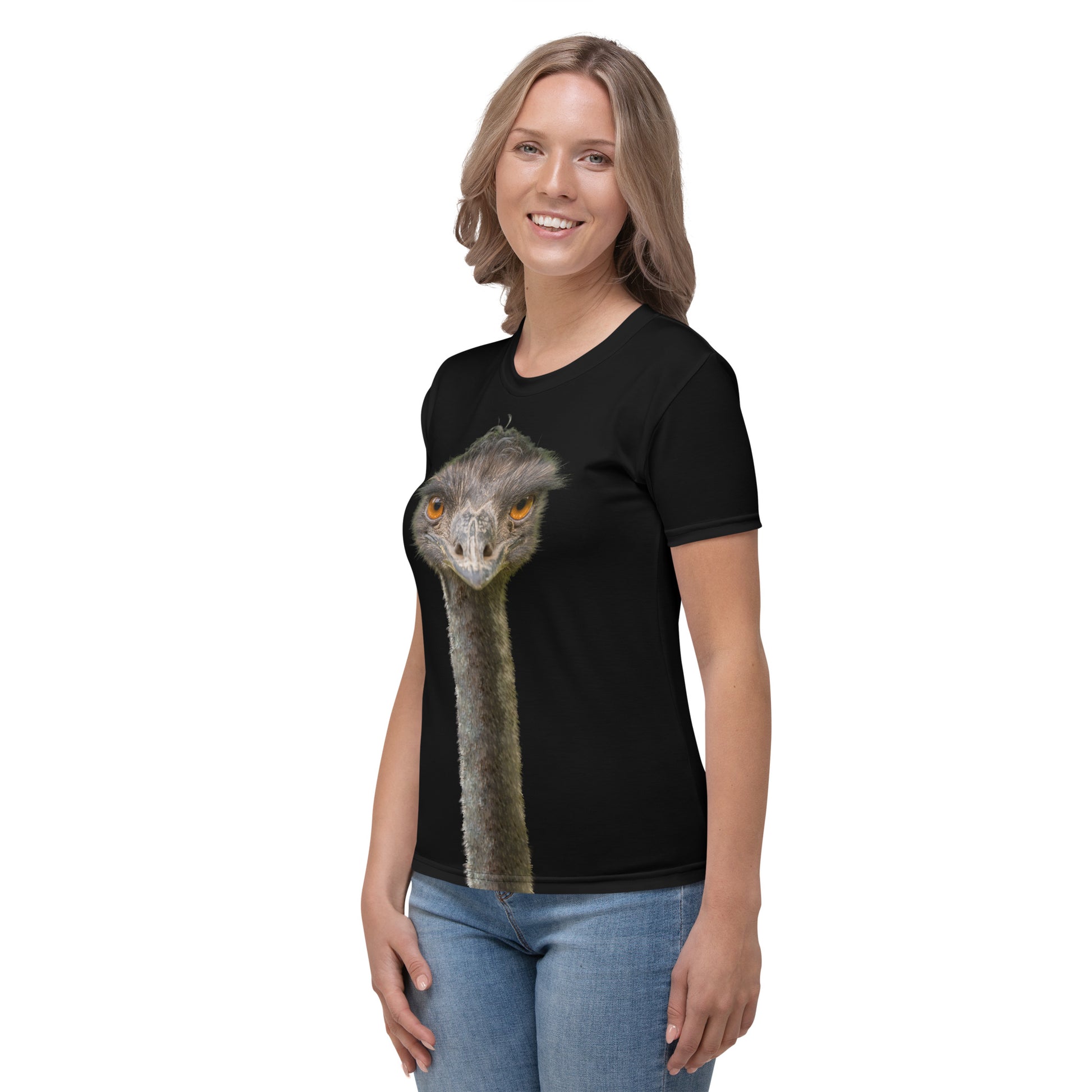 Female model wearing a black all over print novelty T-shirt with an Emu head and neck printed on the front and back, left side view