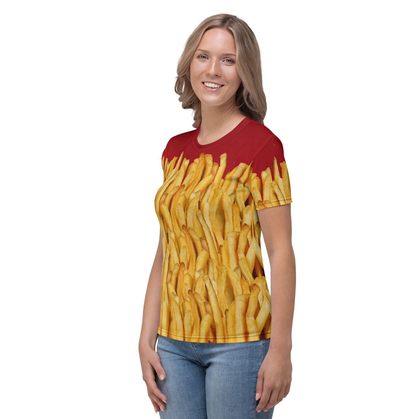 Woman wearing a French fries and ketchup all over print T-shirt, left front view.