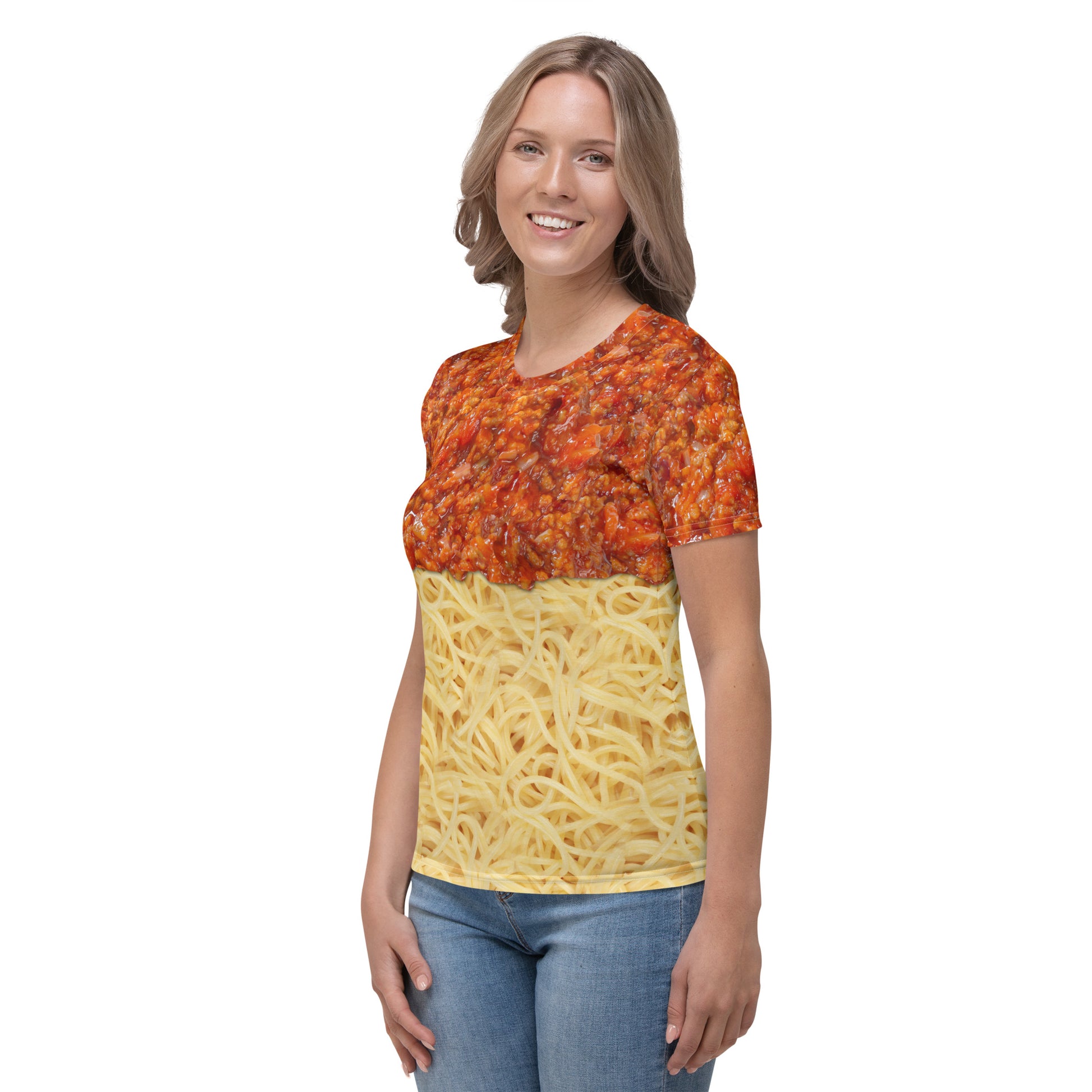 Young woman wearing a spaghetti bolognese all over print T-shirt, front left view.