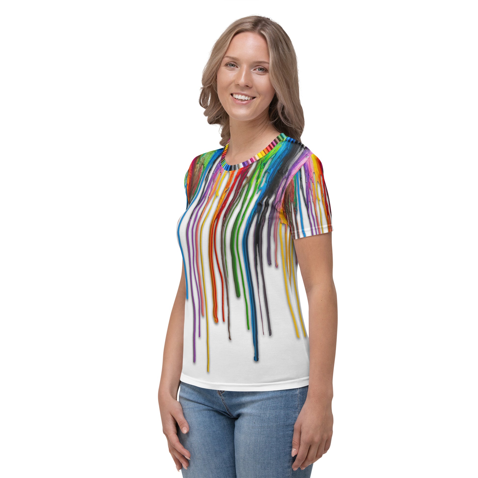 Young woman wearing an All over print Melted Crayons Dripping down the shirt T-shirt, left side.