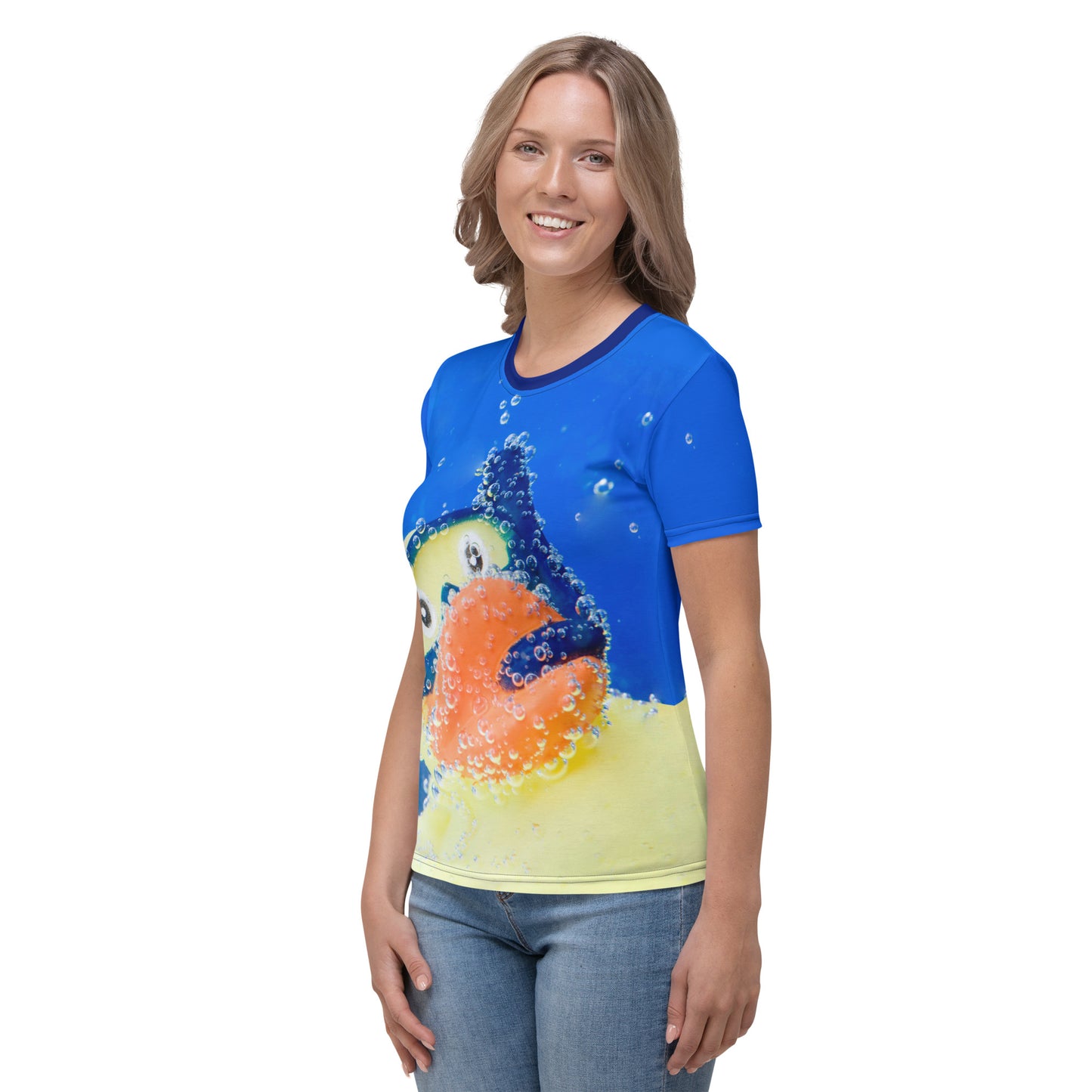 Young woman wearing an all over print Rubber Duck Snorkelling Underwater T-shirt, front left side.