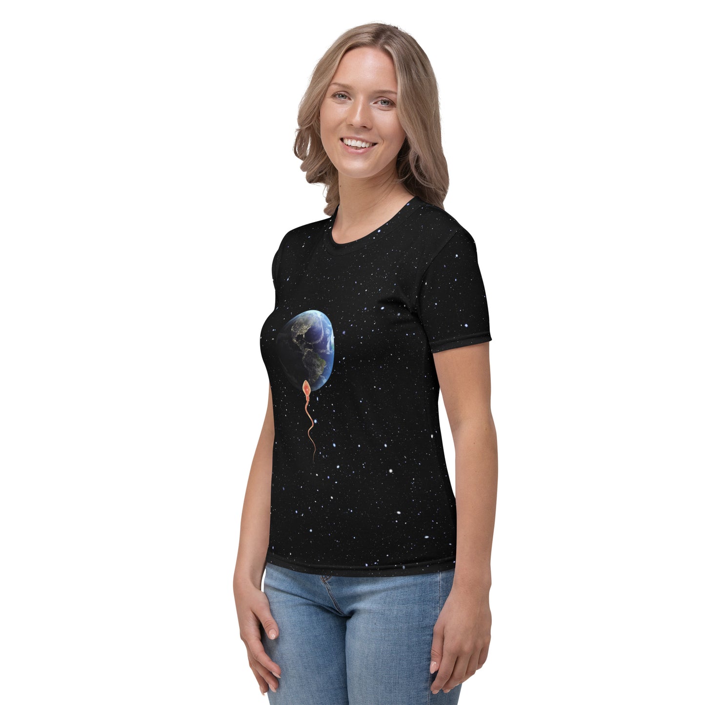 Young woman wearing a Save the Planet All Over Print T-shirt with a sperm trying to penetrate Planet Earth, left side.