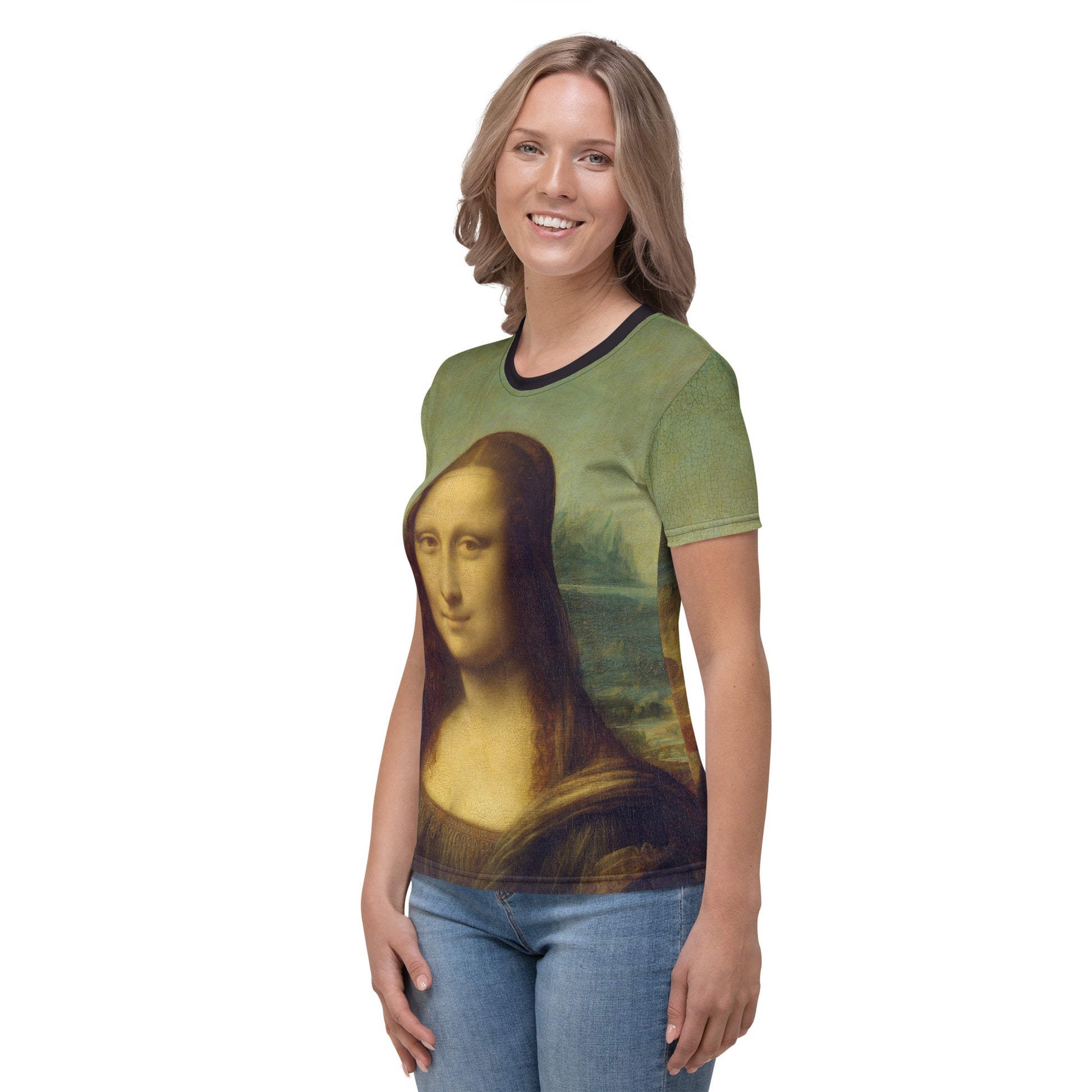 Young woman wearing an all over print Mona Lisa T-shirt. left view.