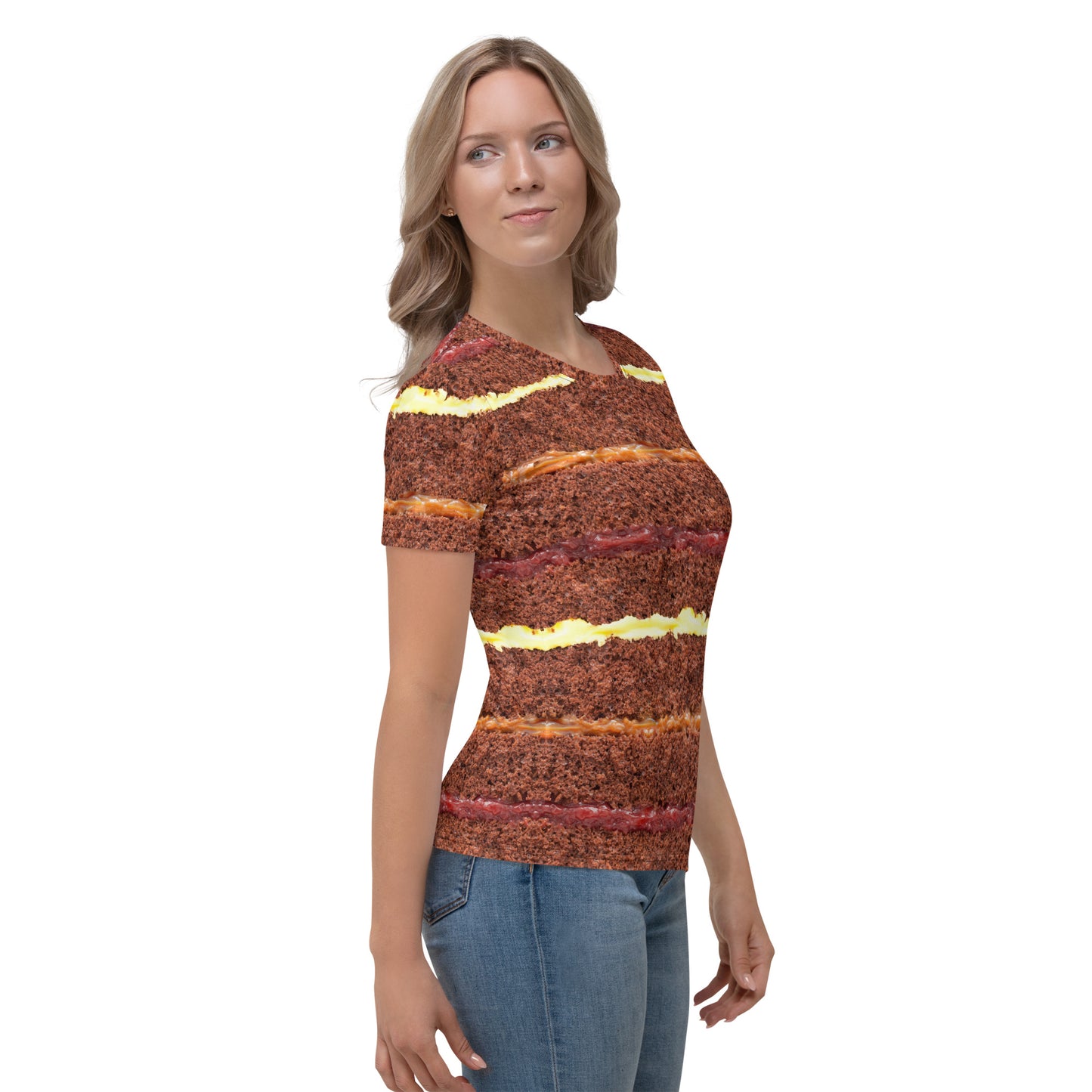 female model wearing Chocolate Gateau Cake Layers all over print women's T-shirt right view