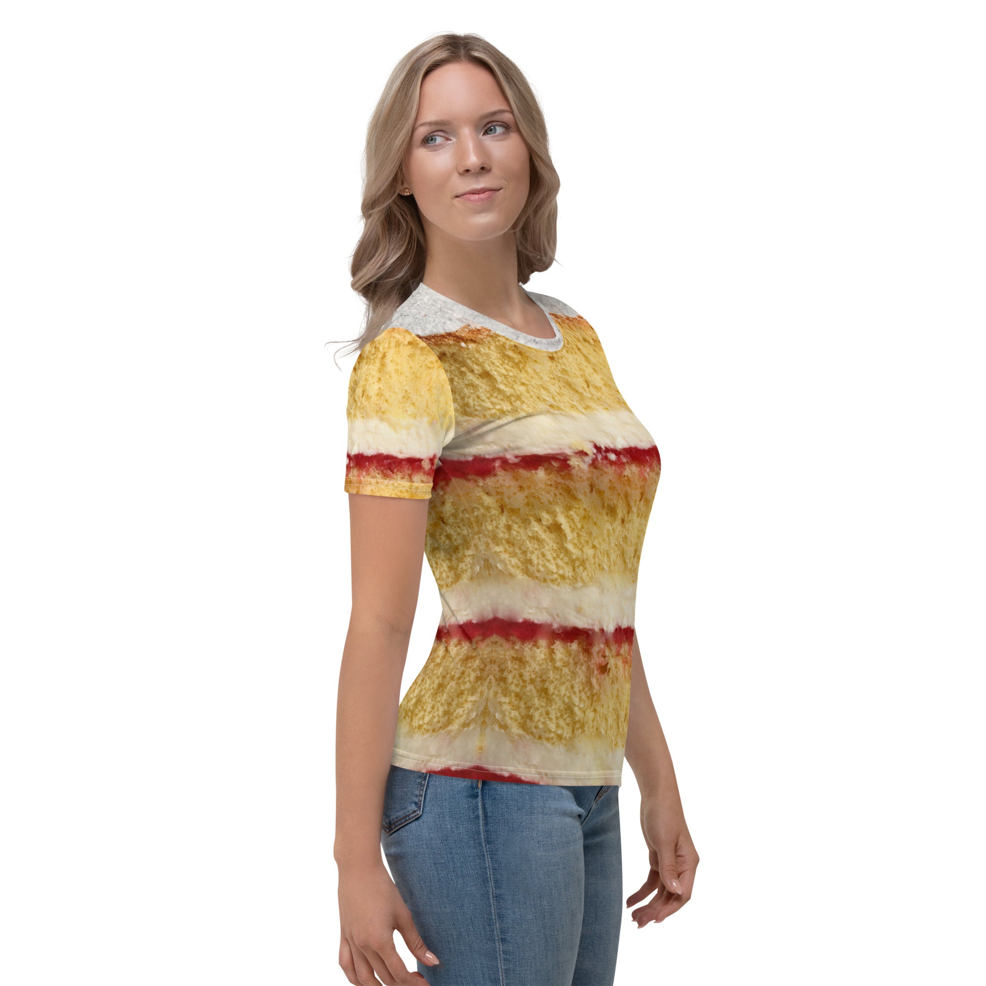 female model wearing Victoria sponge cake layers women's all over print T-shirt right view