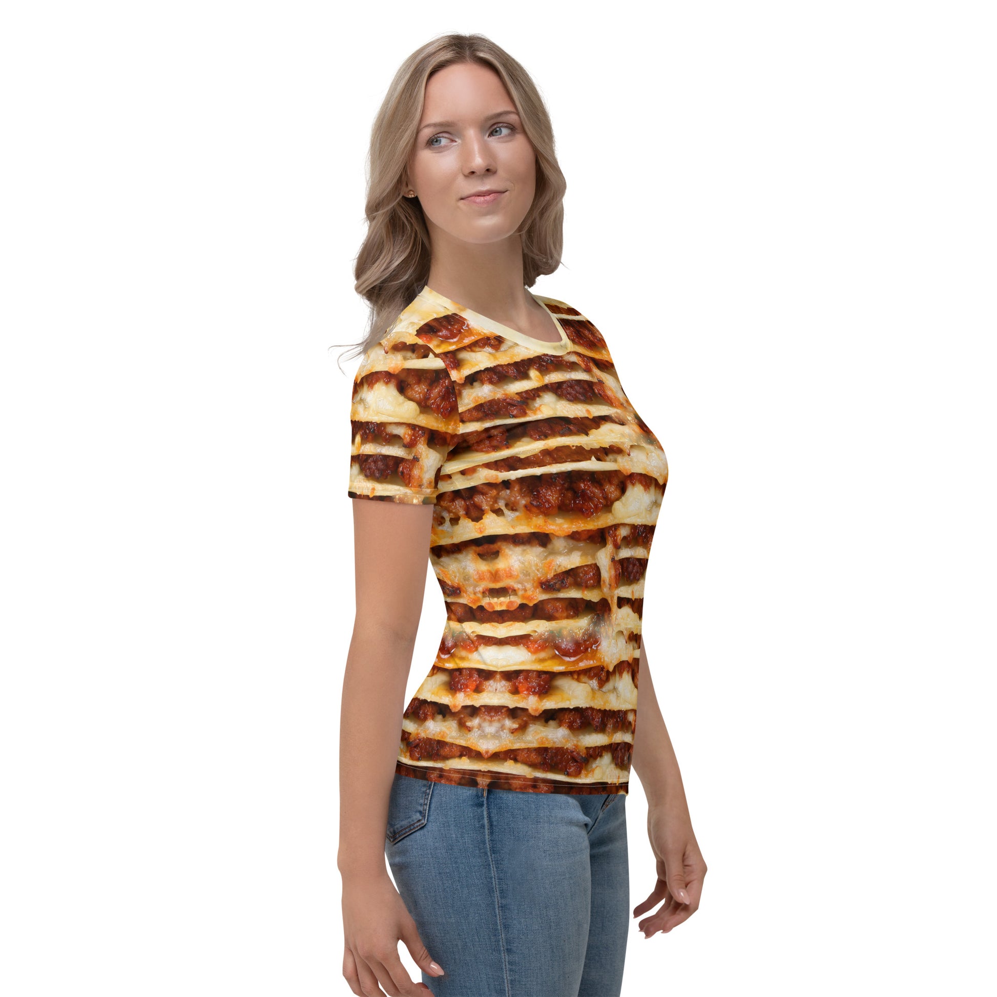 female model right view Lasagne layers 3D all over print women's T-shirt