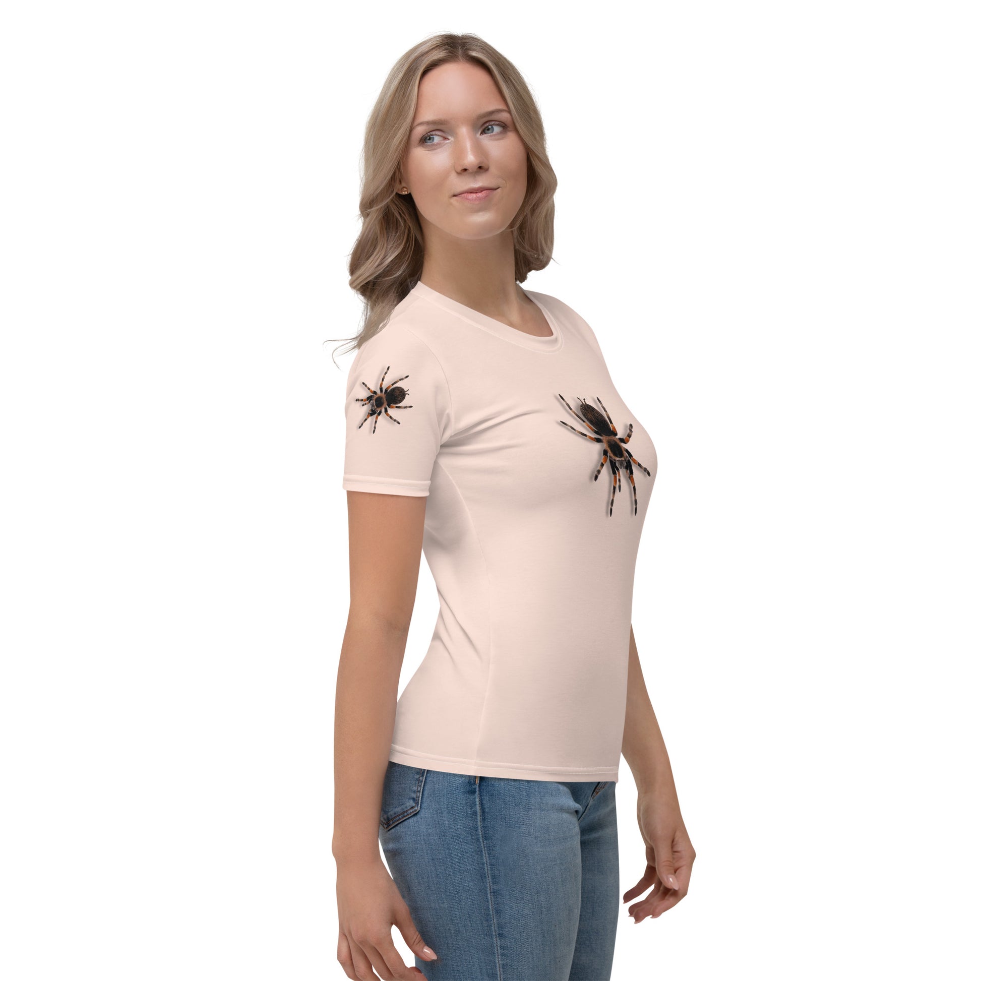 woman wearing a pale pink t-shirt with realistic looking 3D Tarantula spiders on both arms, back and front, right side view