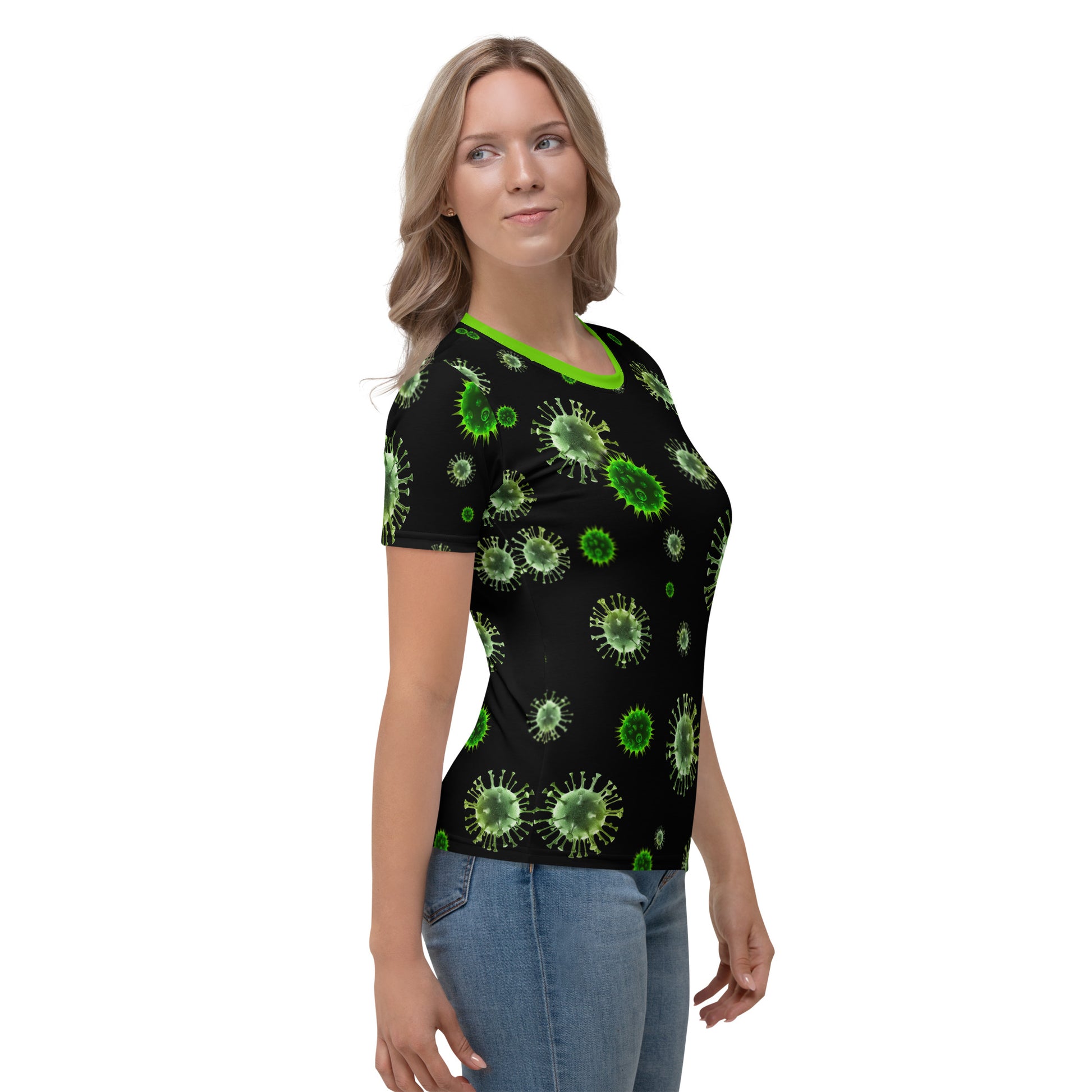 female model wearing women's all over print virus microbes novelty t-shirt right sideview