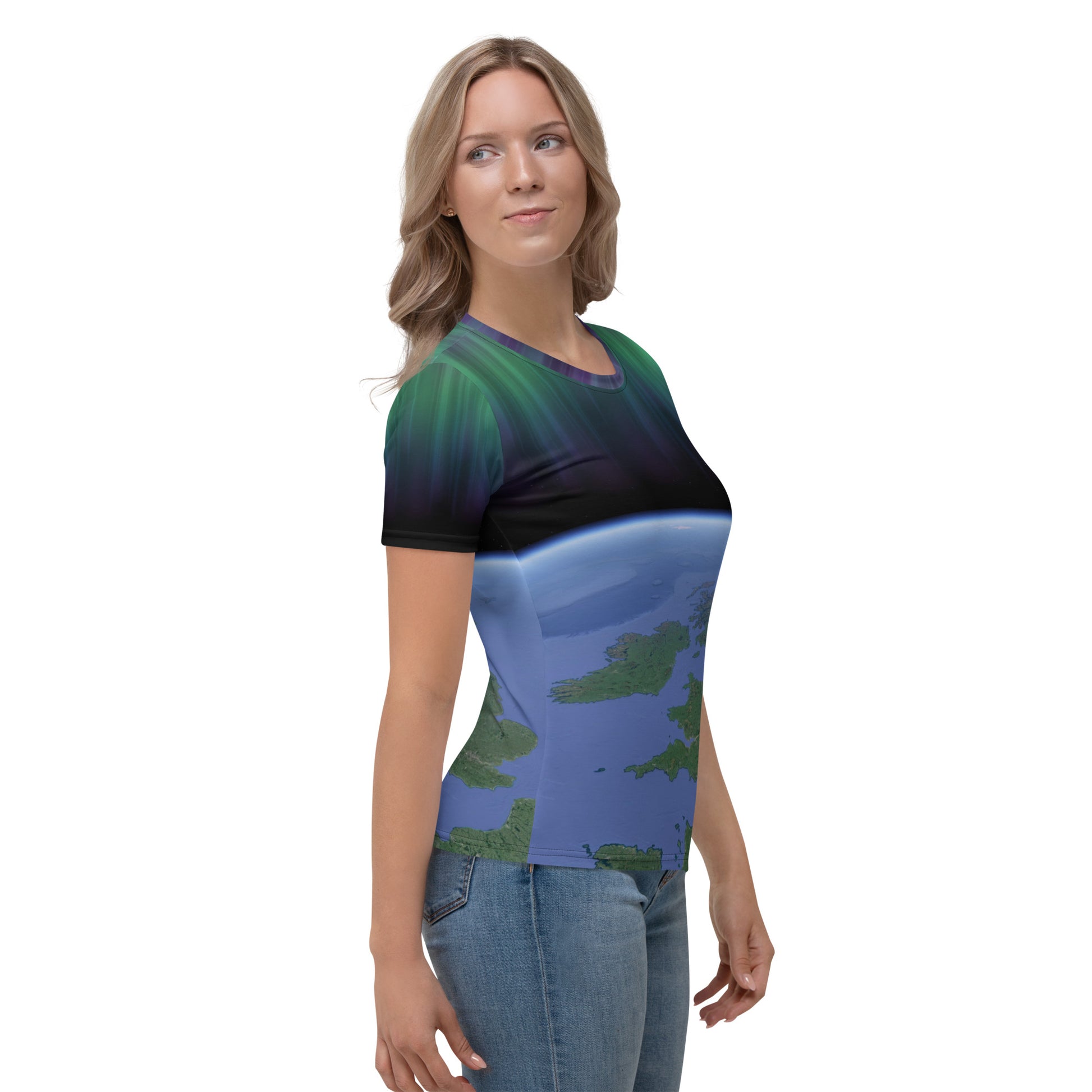 woman wearing a t-shirt showing the British Isles from space with the aurora borealis above, right view