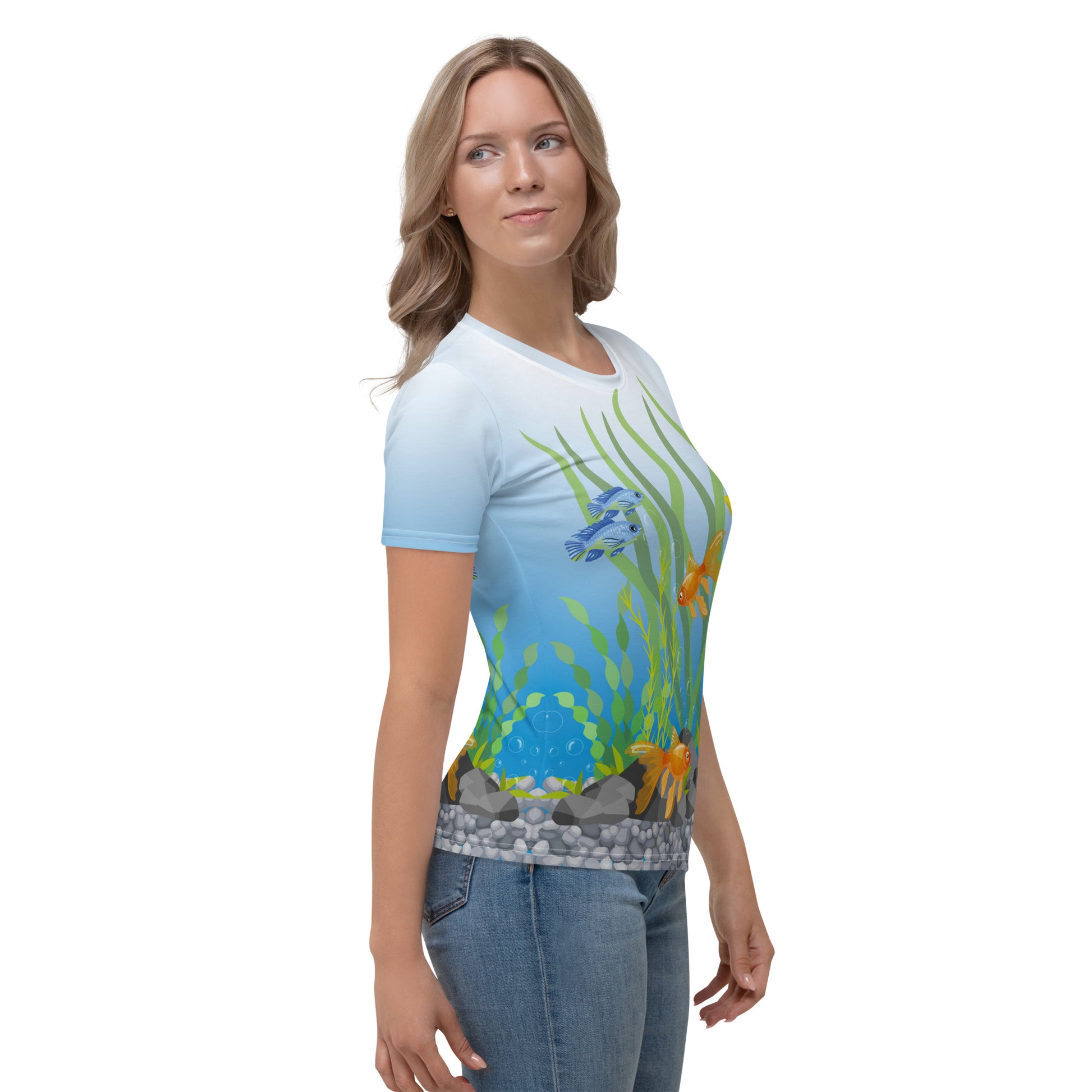 Woman wearing a tropical fish aquarium scene all over print T-shirt, right view.