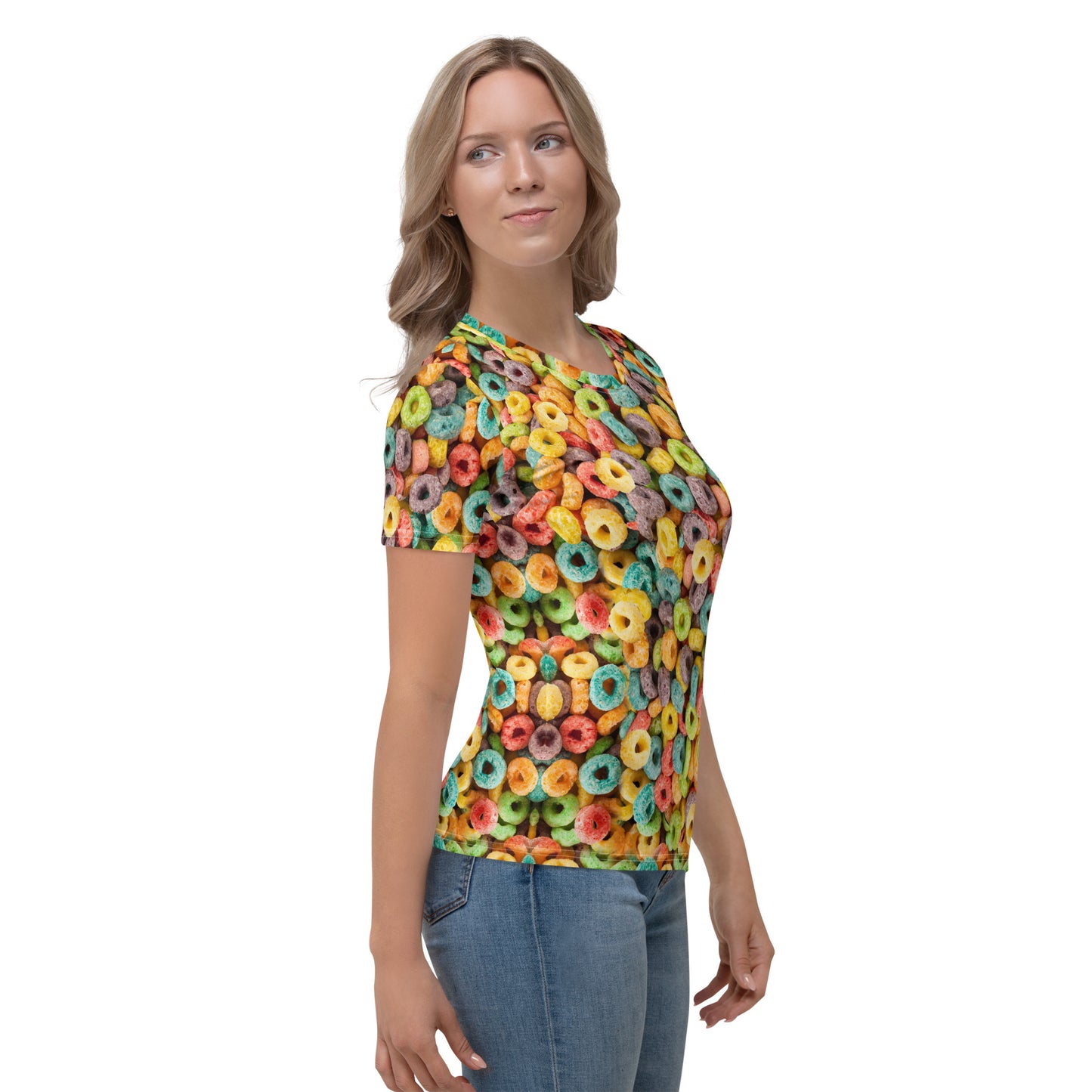 Woman wearing an all over print fruity loops cereal T-shirt right side view